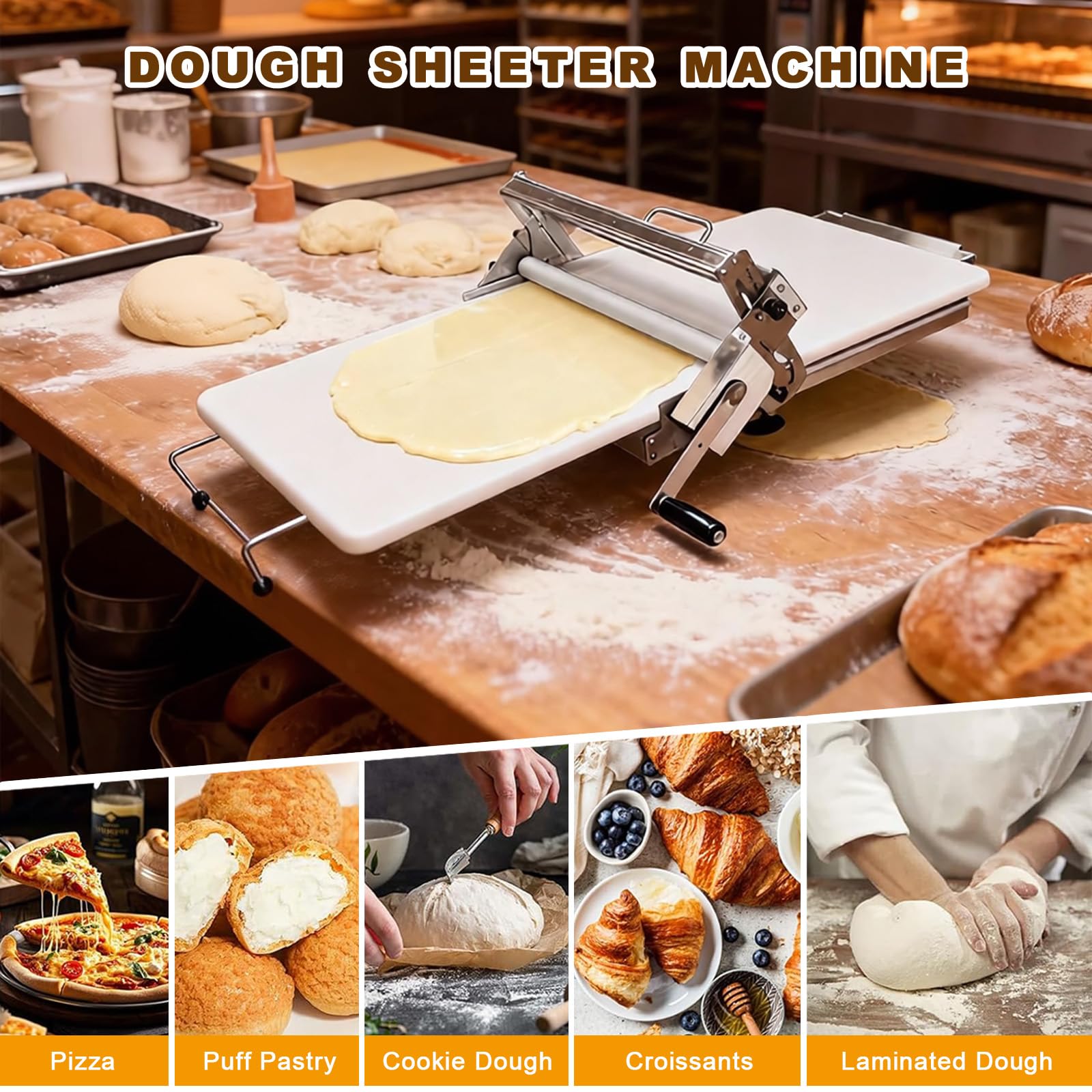 Laminoir à Pâte Pliable Laminoir Manuel à épaisseur Réglable Laminoir à Pâte Feuilletée en Acier Inoxydable Laminoir à Pâtisserie pour Pizzas Croissants Pâtisseries Domestique Commercial