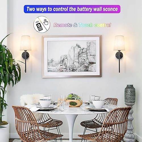 Miniatura 5 de Nekhung Juego de 2 apliques de pared a pilas, apliques de pared inalámbricos con control remoto, luces de pared a pilas, pantalla de tela, 50 horas