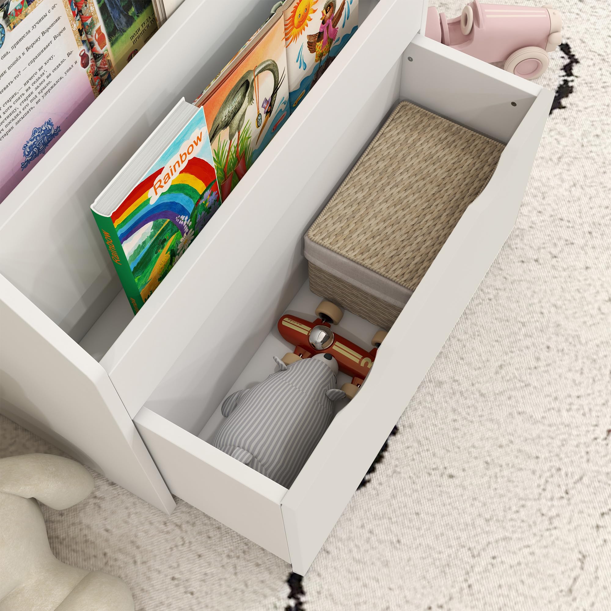 AIYAPLAY Estantería de Juguetes con 3 Compartimentos, Librería Infantil, Caja de Juguetes Móvil, Cajón con Ruedas, Multifuncioanl, para Dormitorio, Guardería, Sala de Juegos, Blanco
