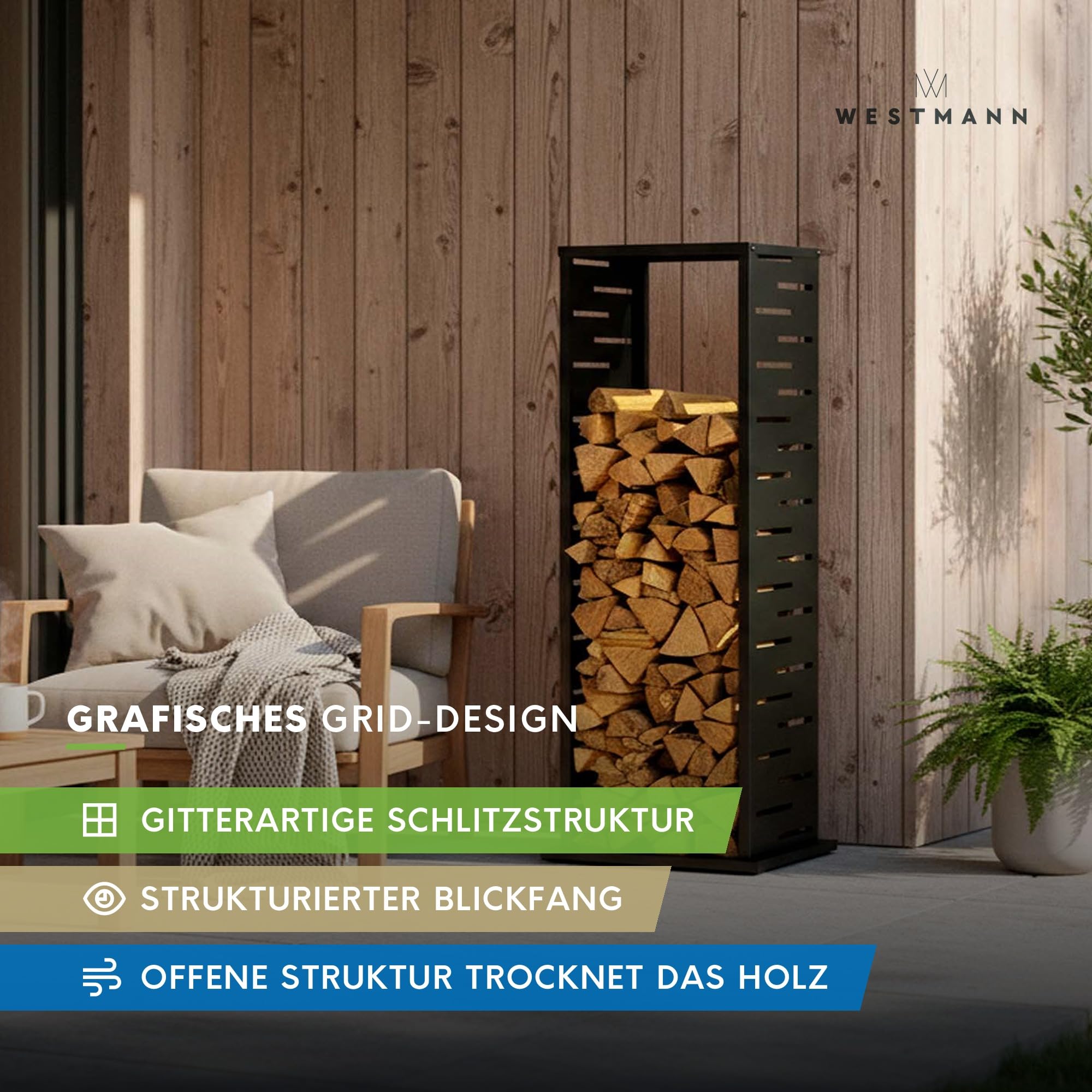 WESTMANN Kaminholzregal Luma Grid 38x38x112 cm Anthrazit Stahl wetterfest