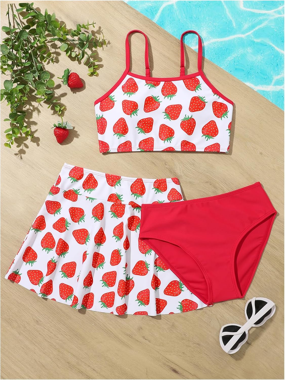 Floerns Girl's 3 Piece Bikini Sets Cute Strawberry Swimsuit with Cover Up Bathing Suit
