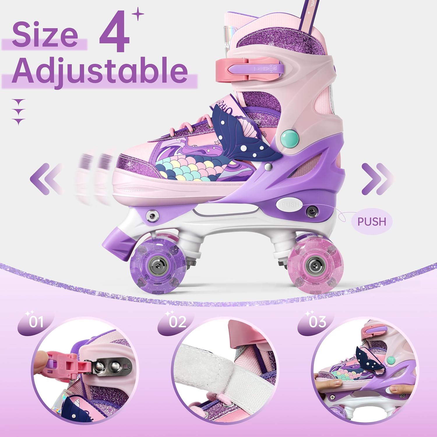 4 Sizes Adjustable Kids Roller Skates for Girls Boys Kids, Age 4-6 5-8 6-12 8-12 with Light Up Wheels,Todder Beginner Skates Indoor Outdoor