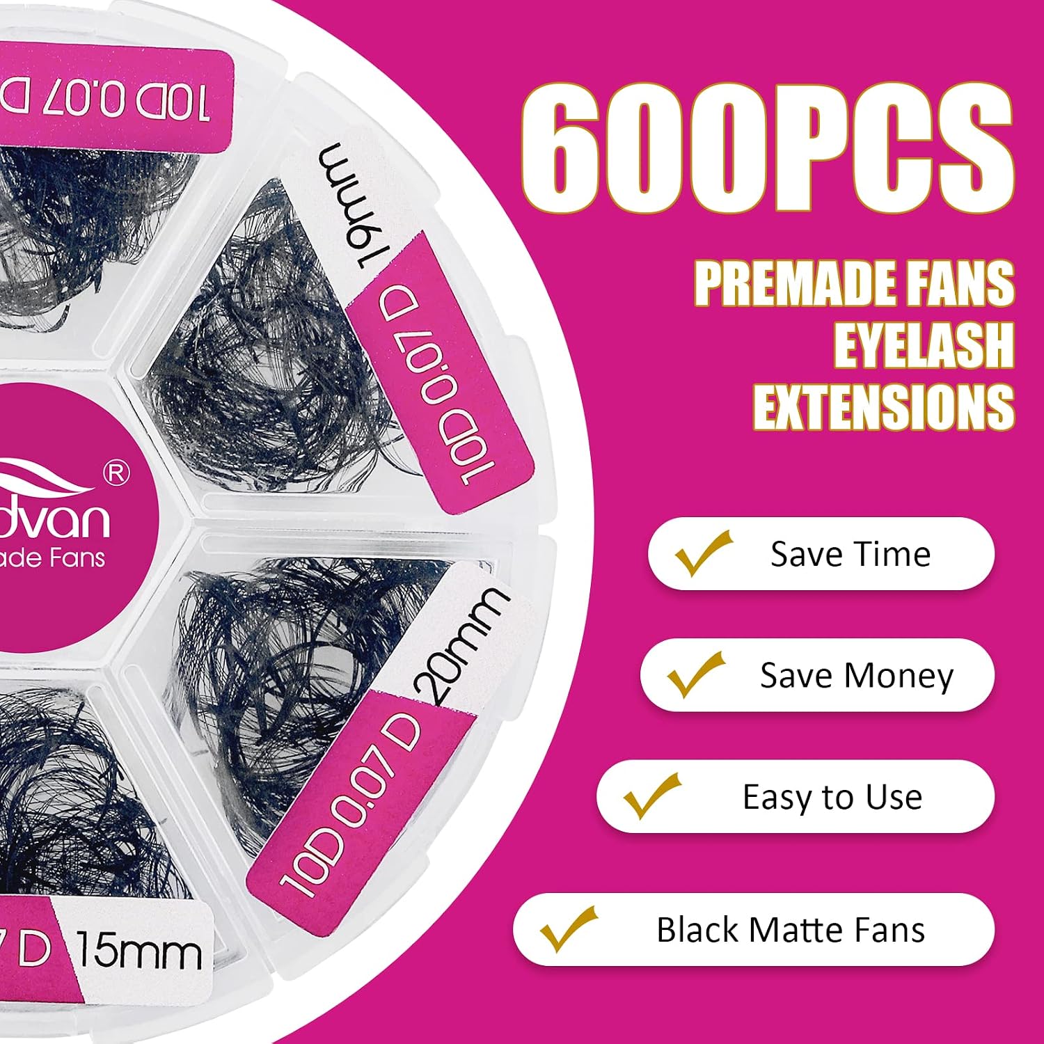 600 Premade Fans Eyelash Extensions Mixed Tray 15-20mm 10d Premade Volume Eyelash Extensions 0.07mm Thickness Handmade Loose Fans (10D-0.07D,15-20mm)