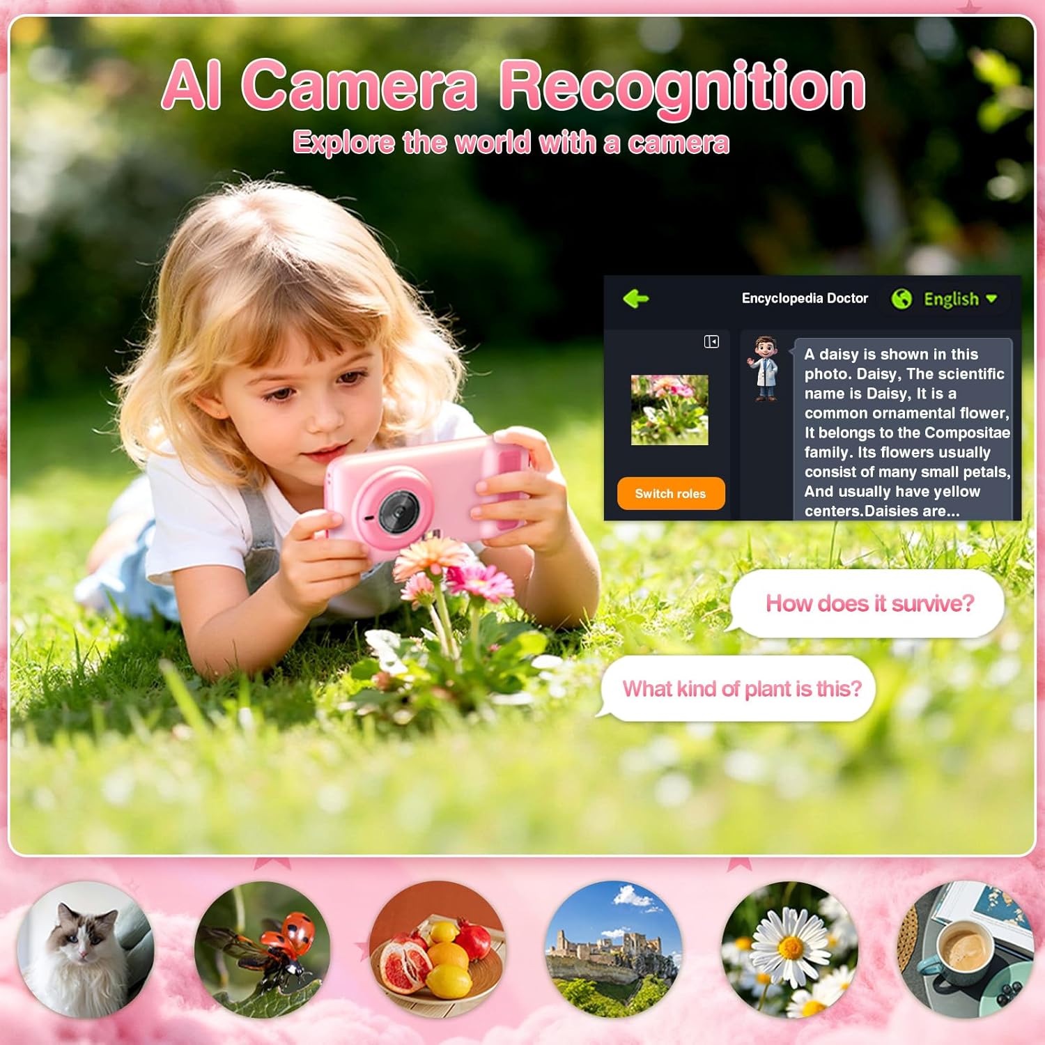 AI Digital Camera for Kids with WiFi, Photo Recognition & Voice Dialogue, 4" Touch Screen AI Kids Smart Camera with Dual Lens, Portable Learning Toy, Christmas Birthday Gift for Ages 3-15 (Pink)