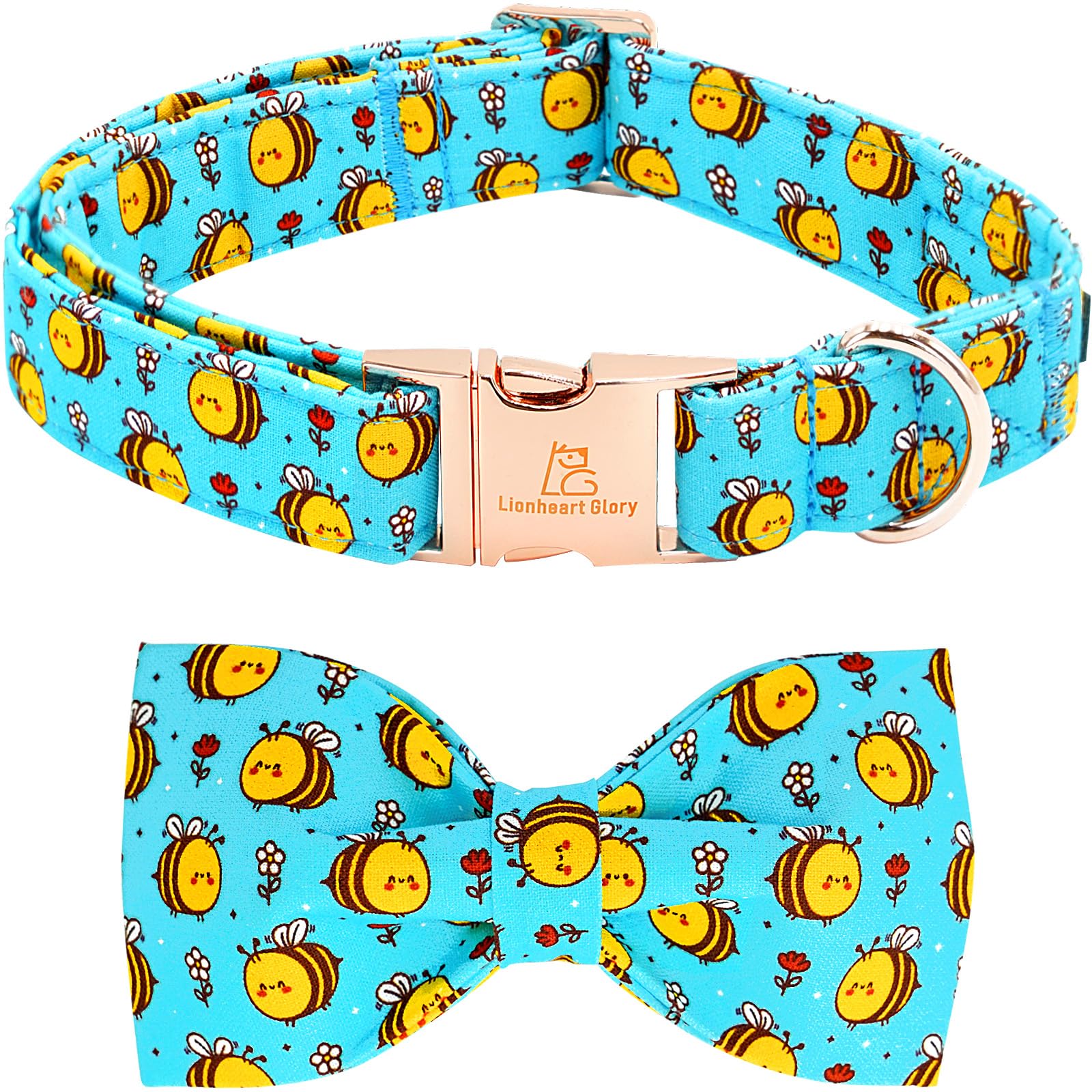 Lionheart glory Dog Collar, Blue Dog Bow Collar Boy Girl Dog Collars with Bow Adjustable Bees Print Bowtie Collar for Large Dogs Pet Gift Spring