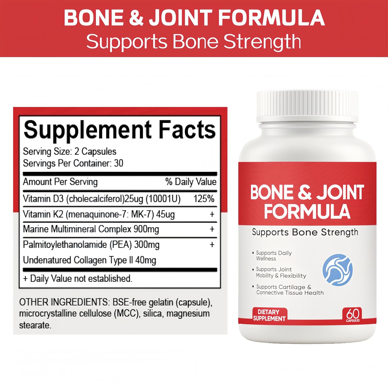Osteo Bone & Joint Formula Forbone Density, Bone and Joint Formula Supplement, Calcium Supplements for Women with Vitamin D3, K2, Collagen Ll, Marine Multimineral Complex, 60 Capsules