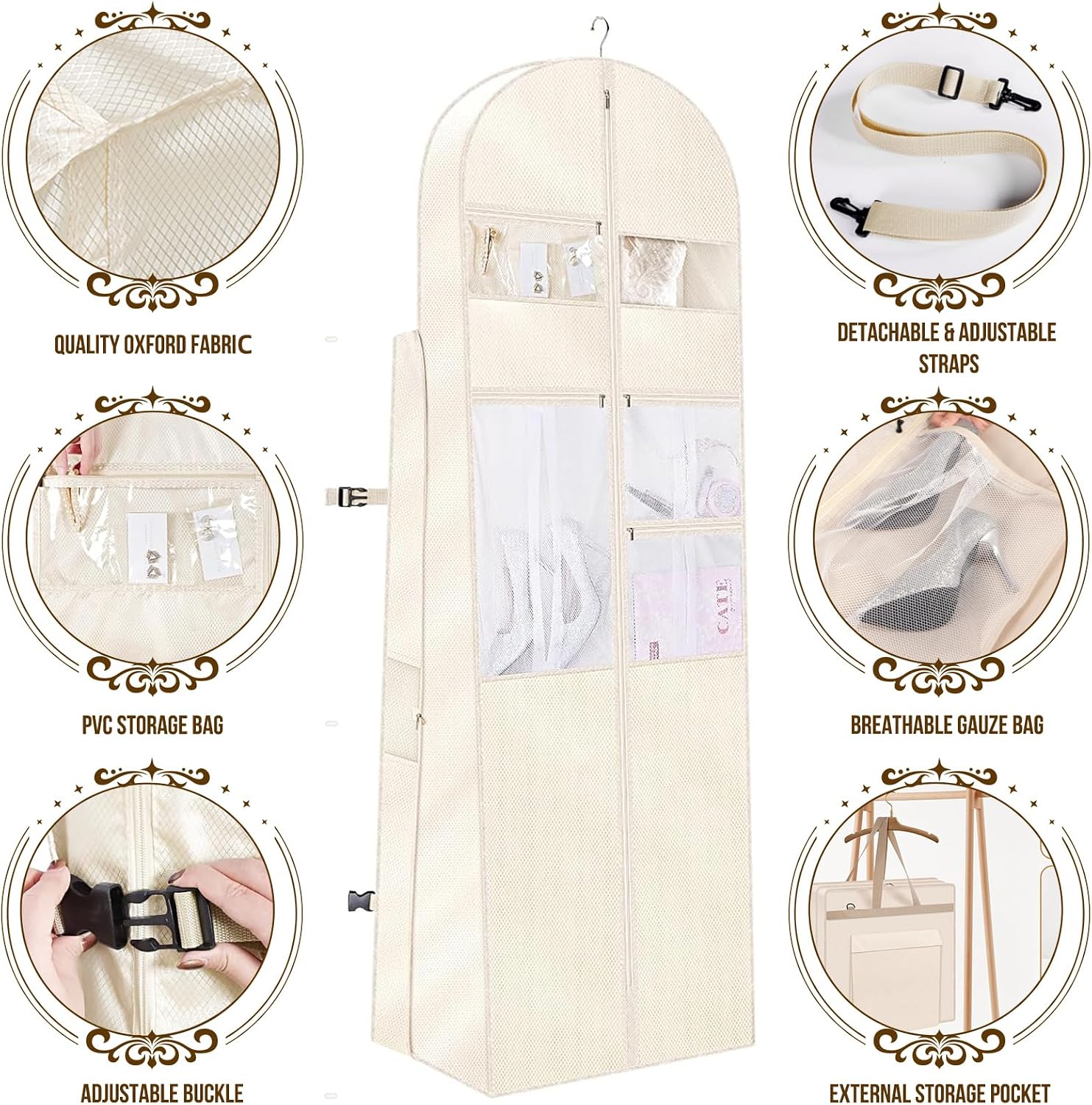 72" Long Wedding Dress Travel Bag, Tri-Fold Bridal Gown Bag with 4 Pouches and Adjustable Buckle Gown Cover for Wedding/Prom/Travel/Closet Storage
