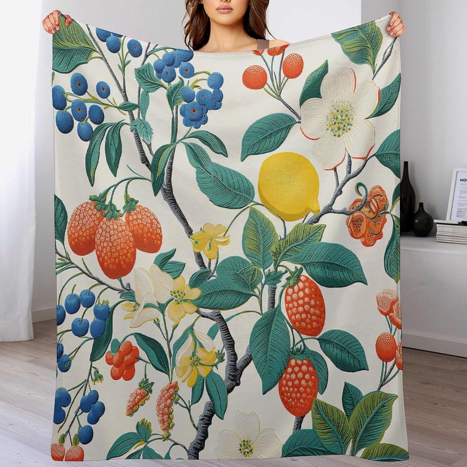 ArogGeld Summer Cherry Lemon Citrus Garden Flannel Fleece Blanket Leaf Fruit Strawberry Warm Throw Blanket for Camping and Travel for Winter 70x80in Christmas Housewarming Gift to Friend