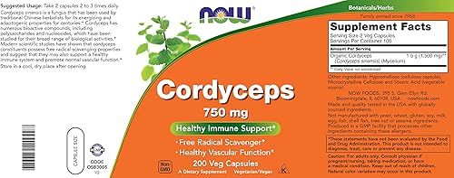 Miniatura 4 de NOW Foods Cordyceps 750mg 200 cápsulas vegetales – Hongo micelio Cordycep Sinensis orgánico en cápsulas no orgánicas – Vegano, sin OMG