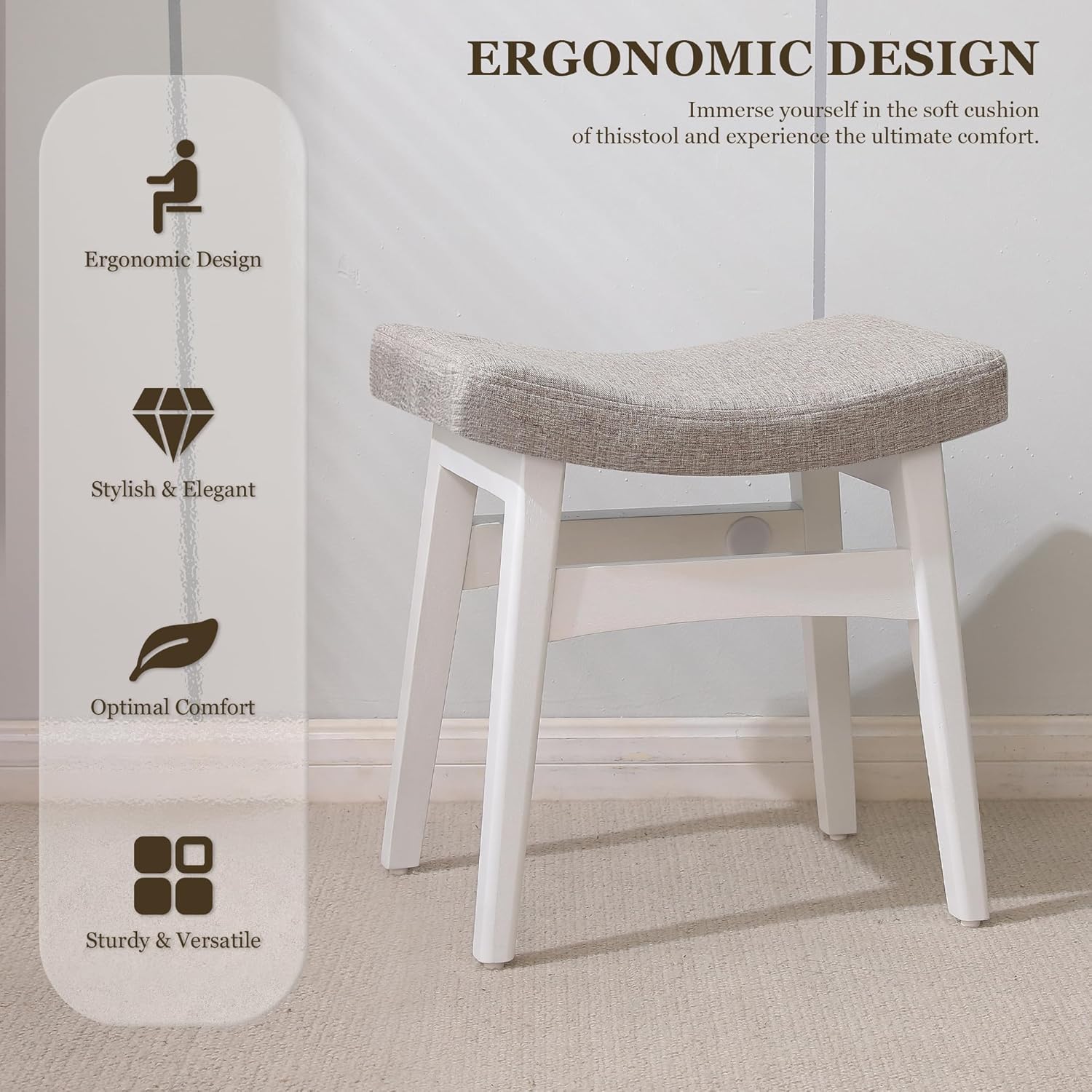 Vanity Stool, Saddle Cushion Foot Stool, Modern Vanity Bench Ottoman with Solid Wood Legs and Upholstered Seat for Entryway, Bedroom, White Color Leg - Grey Linen Fabric Cushion