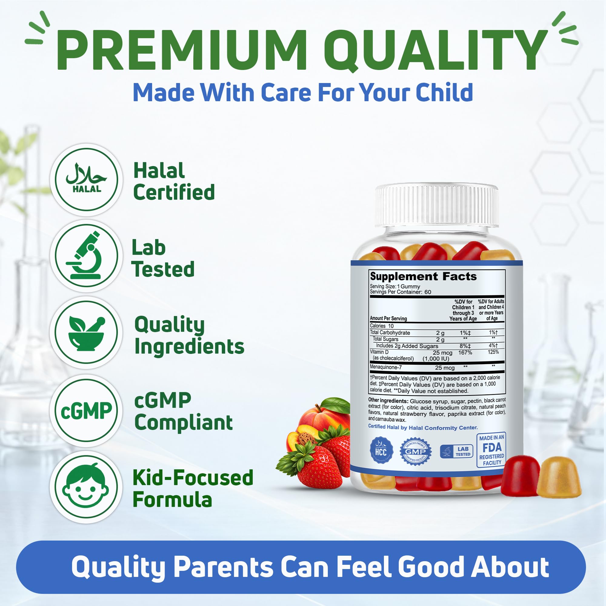 Halal Kids Vitamin D3 K2 Gummies 60 Servings 60 Ct. Vegetarian, Gelatin-Free, Gluten-Free, Non-GMO. Halal Vitamin D3 K2 Kids Supplement for Bone, Teeth & Immune Support. Peach & Strawberry Flavor — Amazon image 6