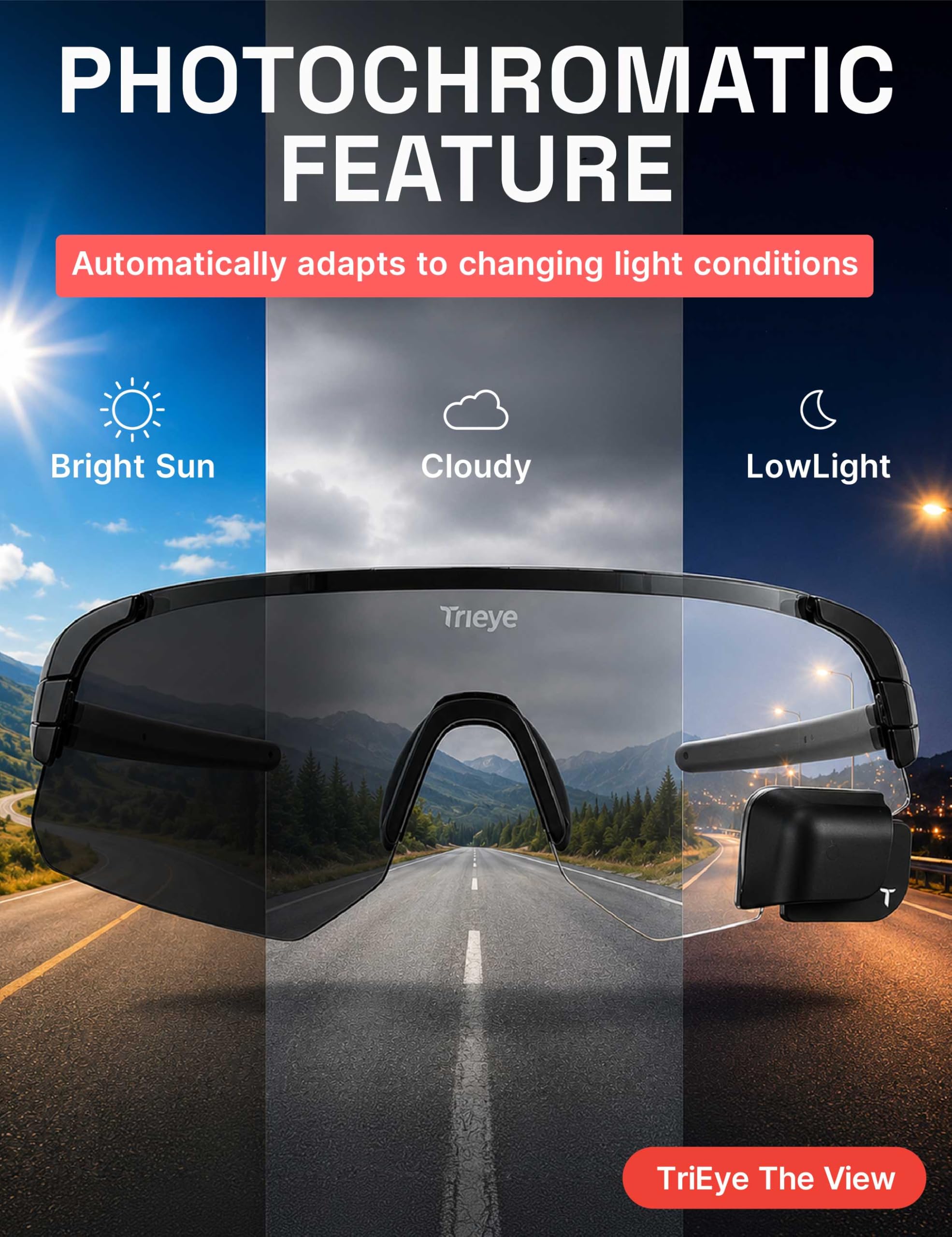 TriEye Okulary rowerowe z lusterkiem wstecznym UV400, fotochromatyczne 0-3 | Sportowe okulary przeciwsłoneczne dla kobiet i mężczyzn Lekkie okulary rowerowe z ochroną UV400 - fotochromatyczne 0-3