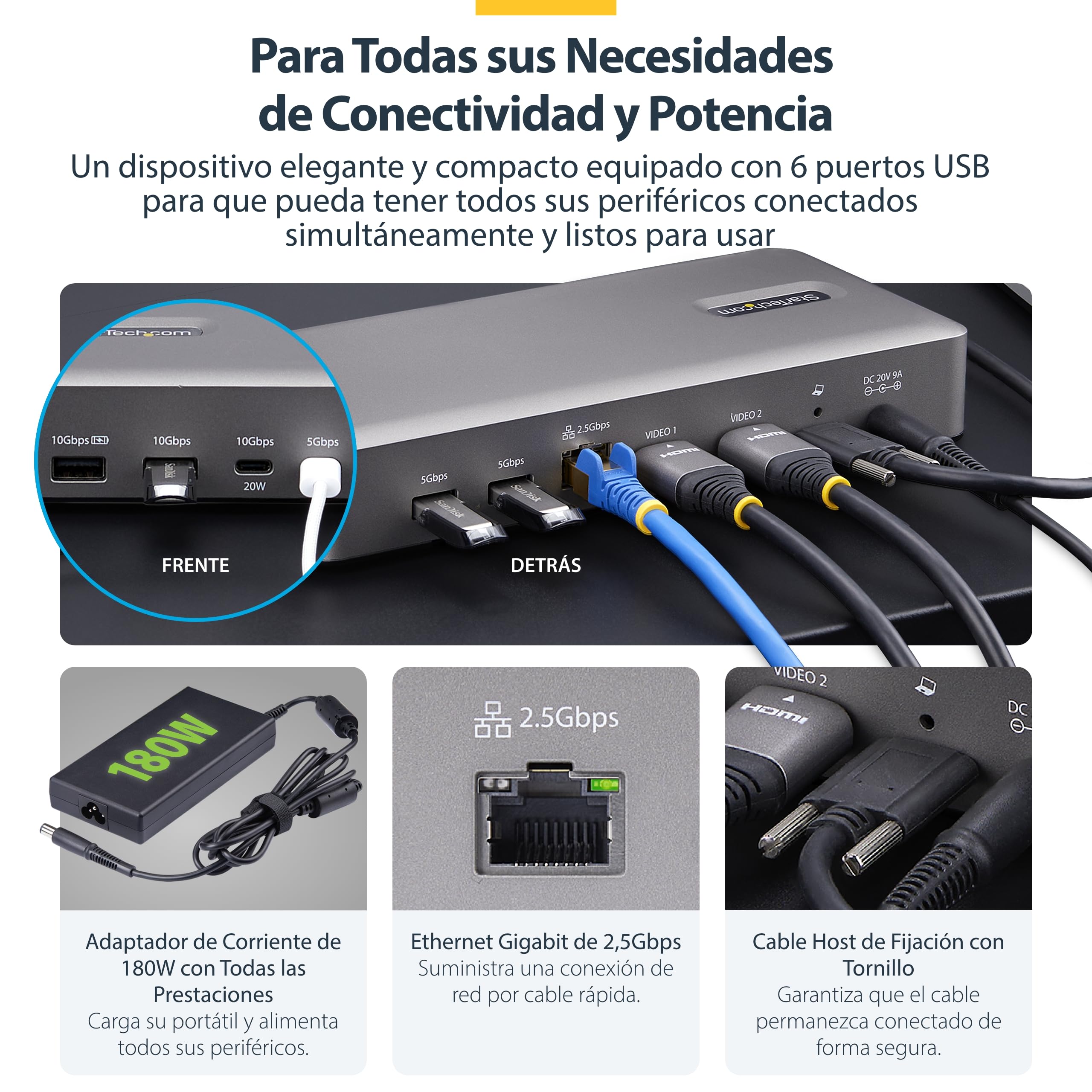 StarTech.com Docking Station USB4 - USB-C de 40Gbps - Vídeo Doble HDMI - hasta 2X 4K 60Hz - 6X USB - 2,5GbE - PD 100W
