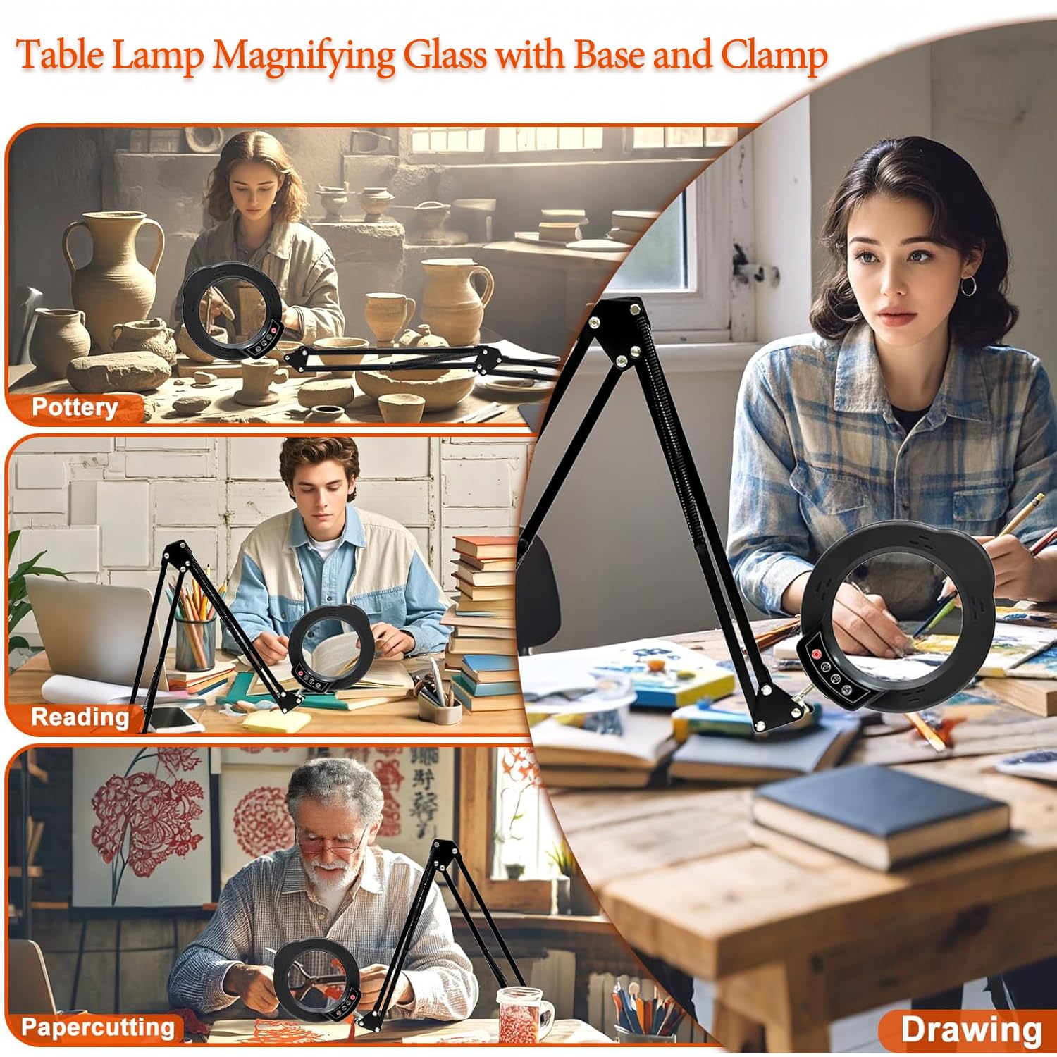 Upgrade 15 x Magnifying Glass with Light, LED Desk Lamp with Base and Clamp, 5 Colour Modes, 10 Stepless Dimmable, 84 LEDs - Image 3