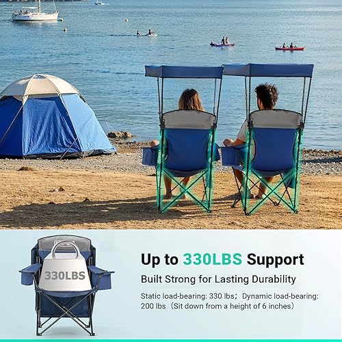 Miniatura 7 de Overmont Silla de camping de 2 piezas con bolsa enfriadora de toldo  Silla de playa plegable de gran tamaño con soporte de respaldo alto  Silla de