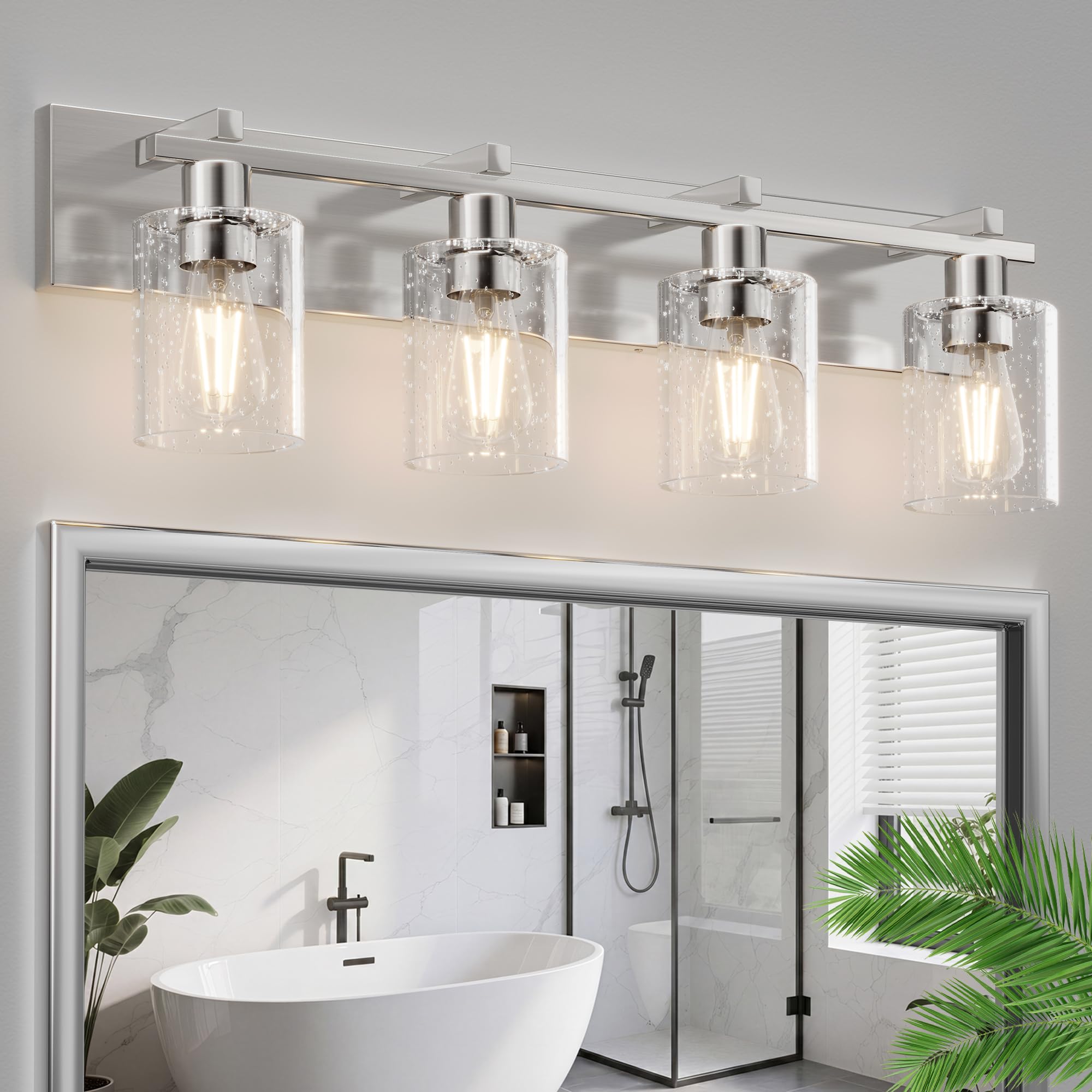 4-Light 30inch Brushed Nickel Vanity Light, Thickened Seeded Glass | Over Mirror for Bathroom, Rust Resistant, E26 Base, Easy Install, Removable Glass Shade Horizontal Mount, Dimmable