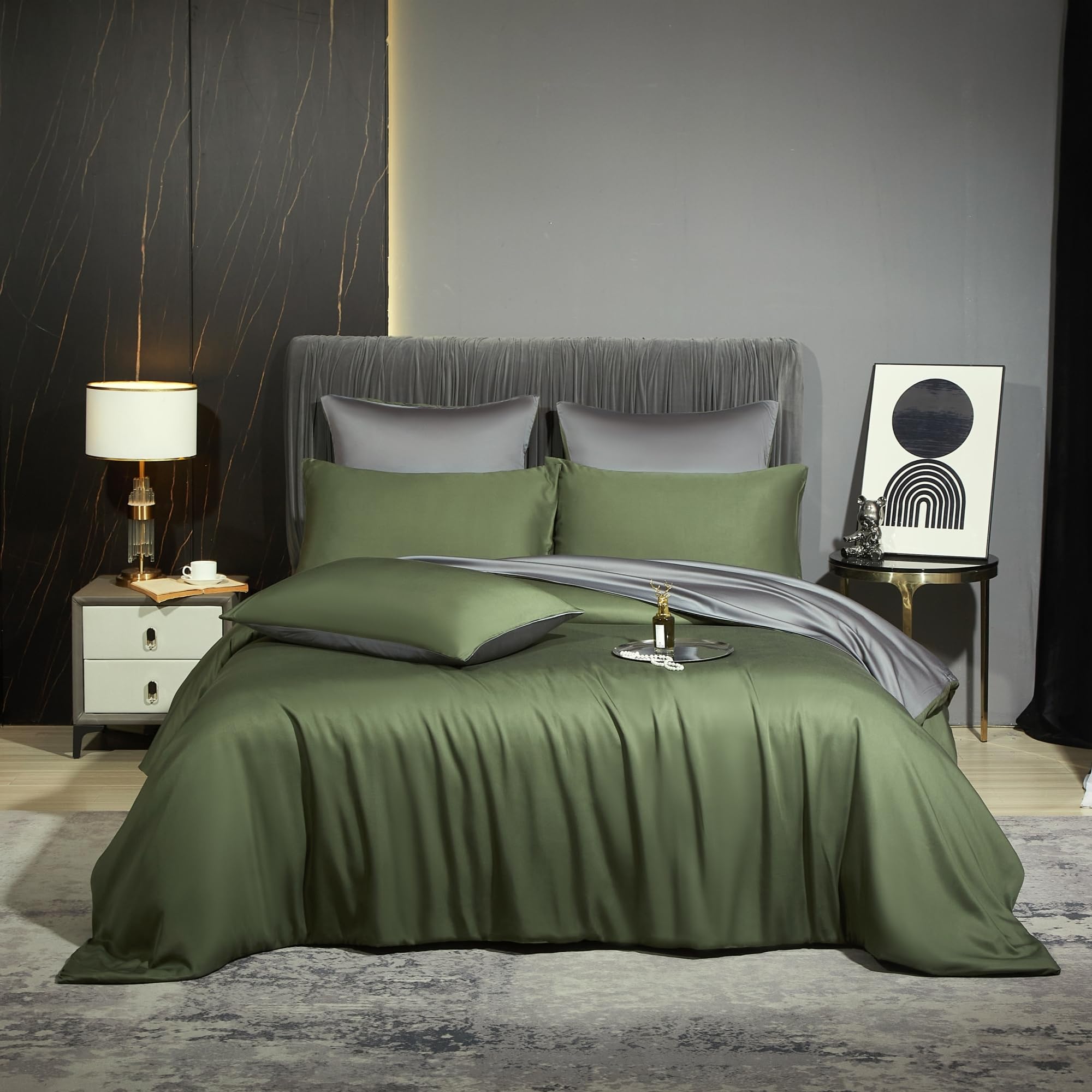 Luowei Bambus Bettwäsche 135x200 cm Dunkelgrün Grau Sommer Kühlend Atmungsaktiv Wendebettwäsche aus 100% Bambus Lyocell Oeko-TEX Zertifiziert Bettwäsche mit Reißverschluss und 1 Kissenbezug 80x80 cm