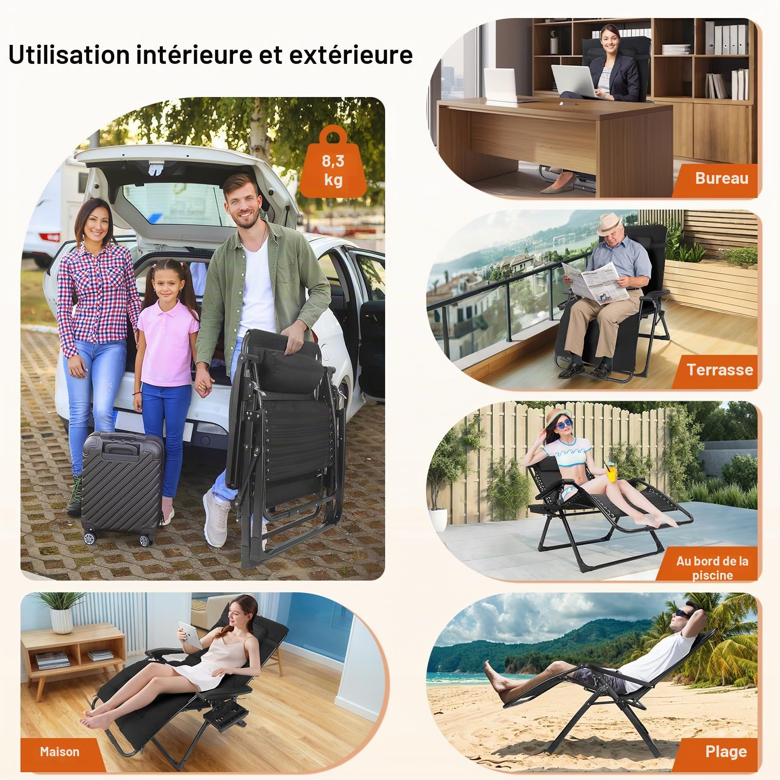 Chaise longue de jardin 2 en 1 pour l'extérieur, réglable de 90° à 170°, pliable, capacité jusqu'à 200 kg, coussin amovible, jardin/camping (83 cm noir)