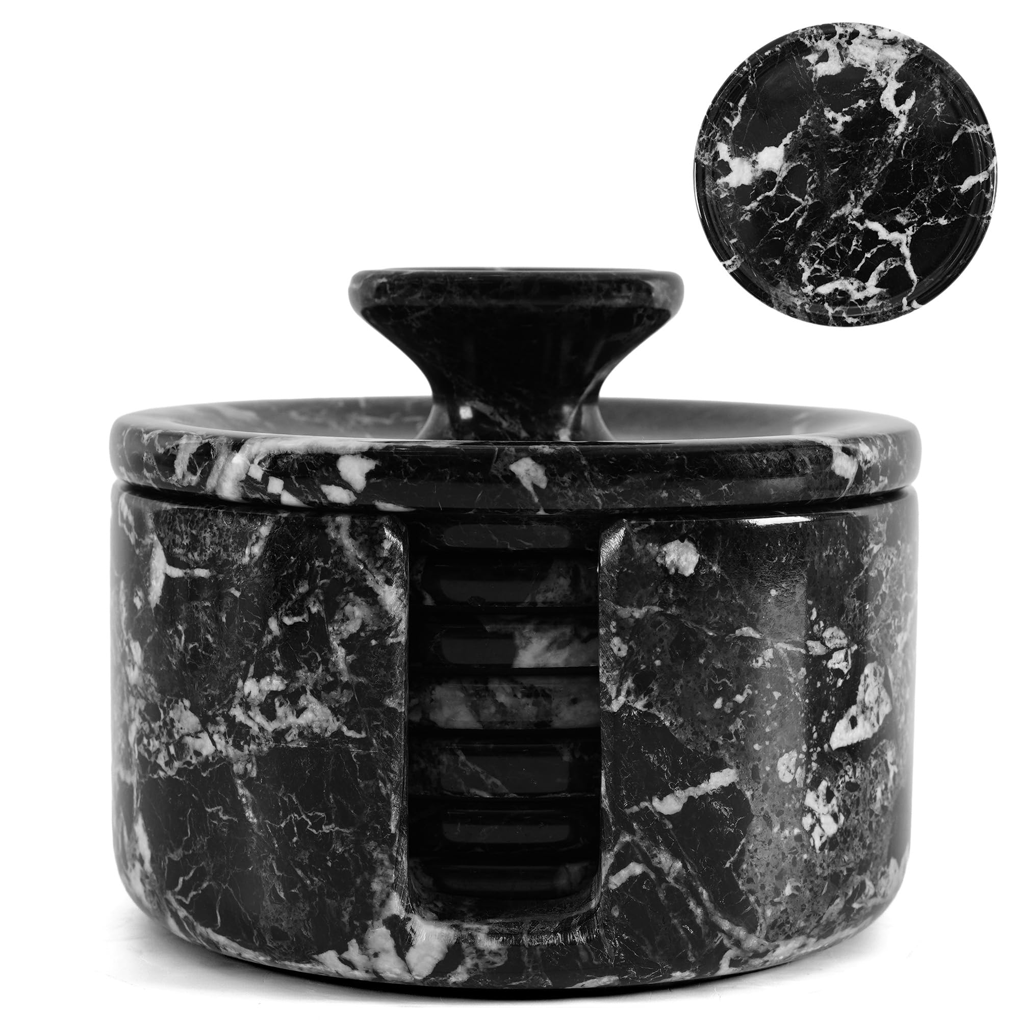 EARTHEN CRAFTS Marble Coasters Set of 6 for Drinks 3.5 Inches Round White Coaster Set with Holder & Lid, Drink Coasters for Tabletop, Ideal for House Warming Gift and Coffee Table