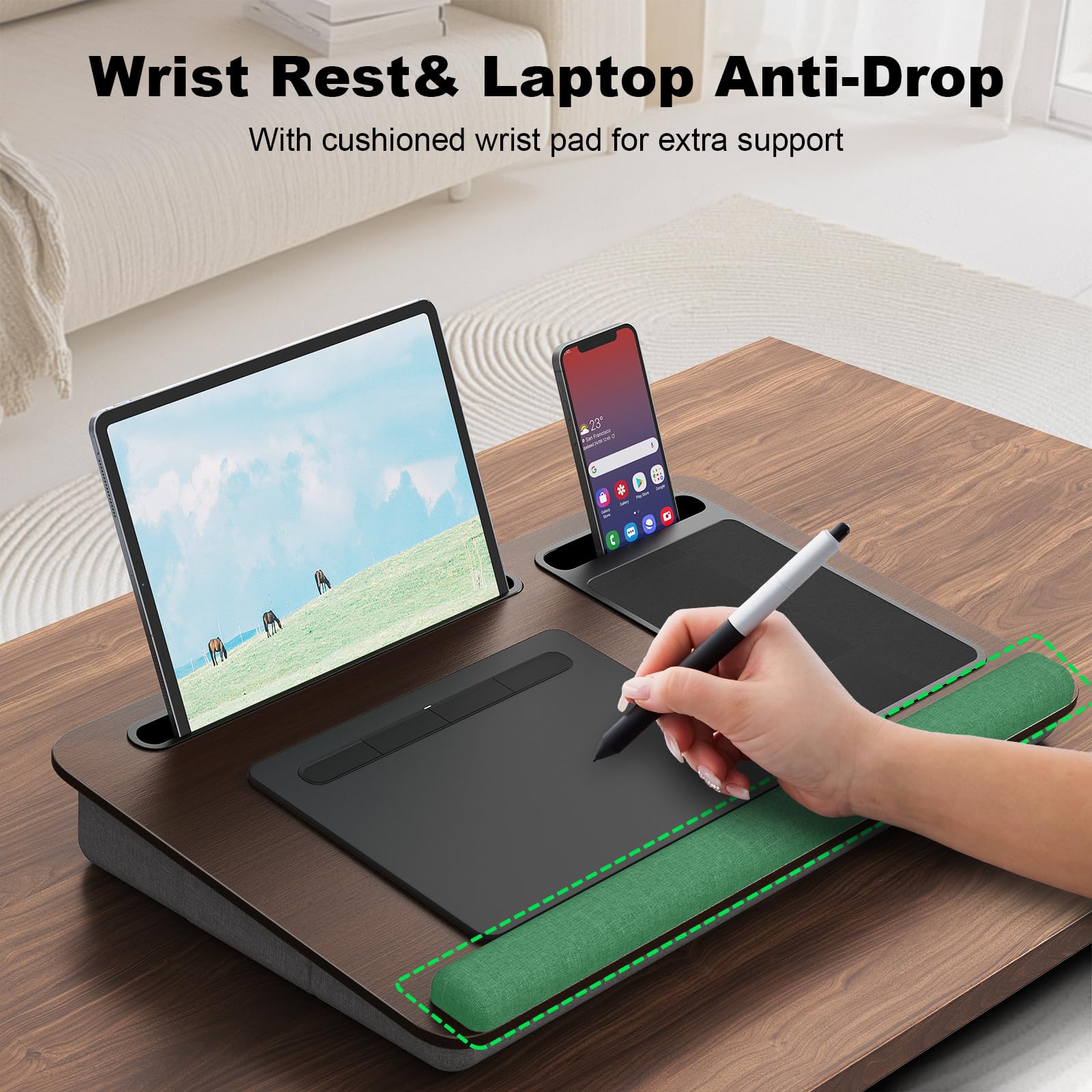 PUTORSEN Biurko na kolana do laptopów do 43.9 cm, przenośne, bardzo duże, z podkładkami dla myszy i nadgarstków