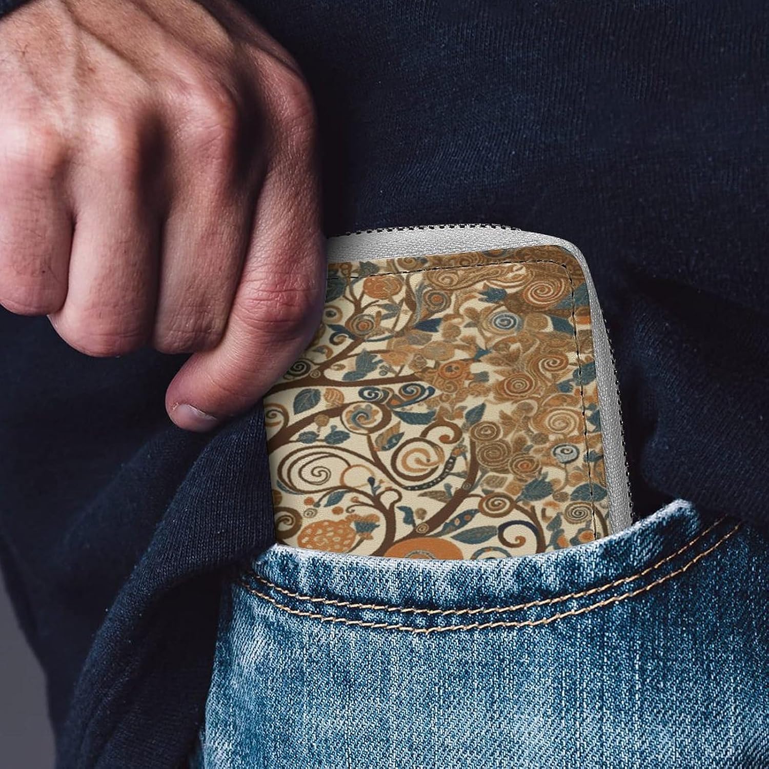 Leather Card Organizer Case Card Wallet Credit Card Holder Tree of Life Printed Zipper Card Cases Holder for Women Men