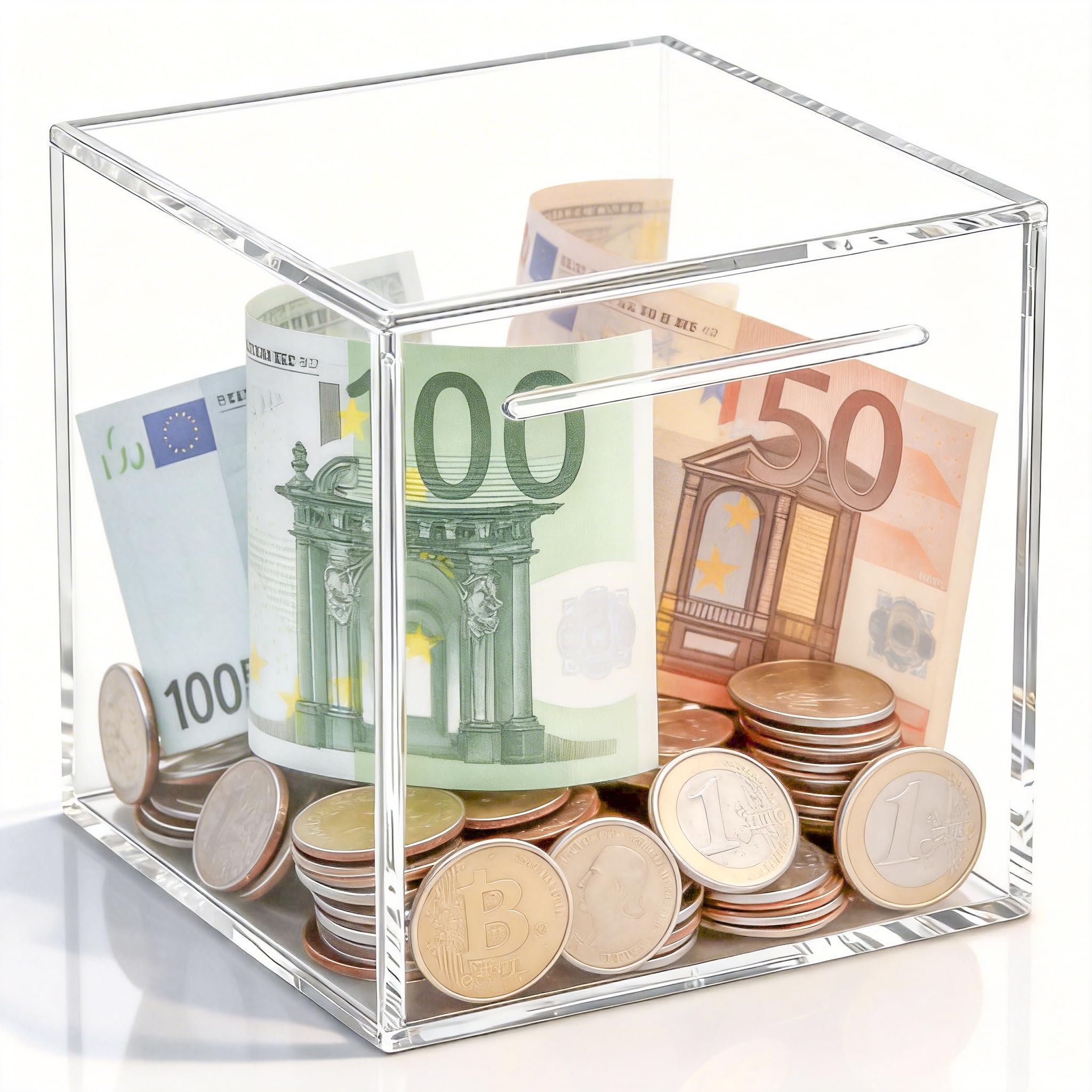 WORHE Spardose Aus Acryl, Quadratisch, 12 x 12 x 12 cm, Nicht Zerlegbar | Transparentes Acrylmaterial, Kleine Spardose für Bargeld und Münzen, Als Geburtstags (CQG01)