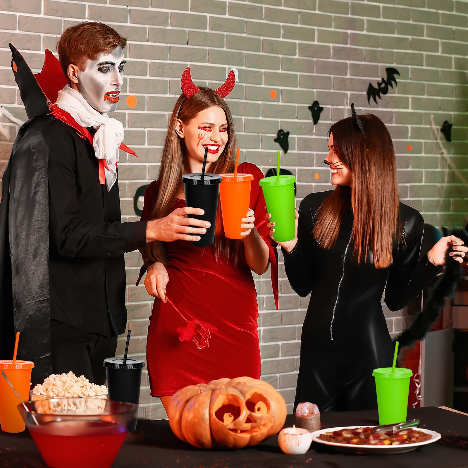 Whaline 12 bicchieri di plastica per Halloween, con coperchio, cannucce riutilizzabili, 3 colori, per caffè, bevande, bevande, feste, 680,4 g