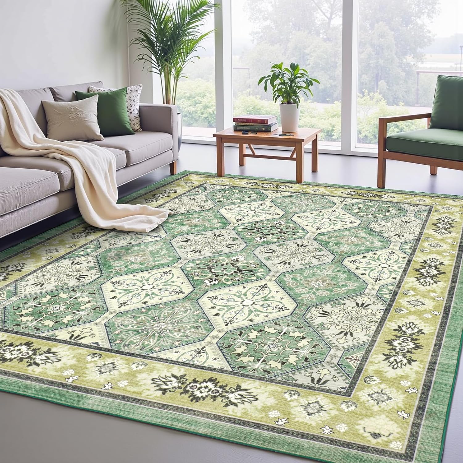 Rugs for Living Room, Lightweight Low Pile Area Rug with Non-Slip Backing Soft Carpet for Bedroom Dining Room Home Office Machine Washable Stain-Resistant Vintage (Green, 8' × 10') Green 8' x 10' (Rectangular)
