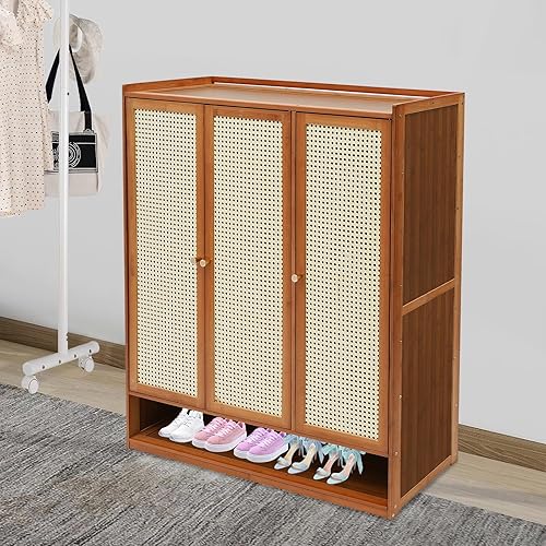Miniatura 4 de 3-Door Shoe Storage Cabinet,42.1in High 8-Layer Door Shoe Cabinet, Freestanding Bamboo Shoe Shelf Storage Organizer for Slippers, Sneakers, Leather