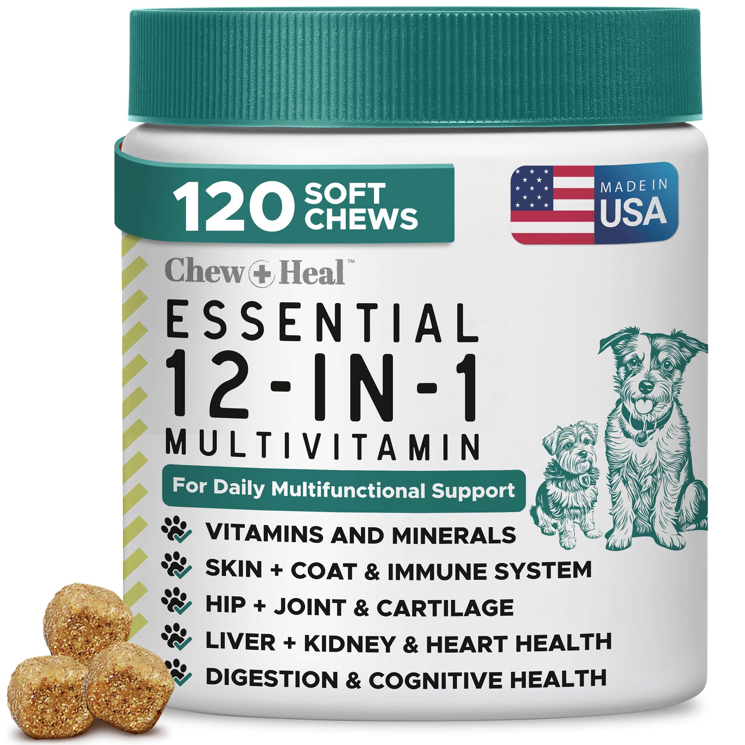12-in-1 Dog Multivitamin Soft Chews, 120 Count - Glucosamine Chondroitin, Probiotics, Omega 3 - Hip & Joint, Skin & Coat, Immune & Digestive Support for Puppy & Senior Dogs, All Breeds - Chew + Heal
