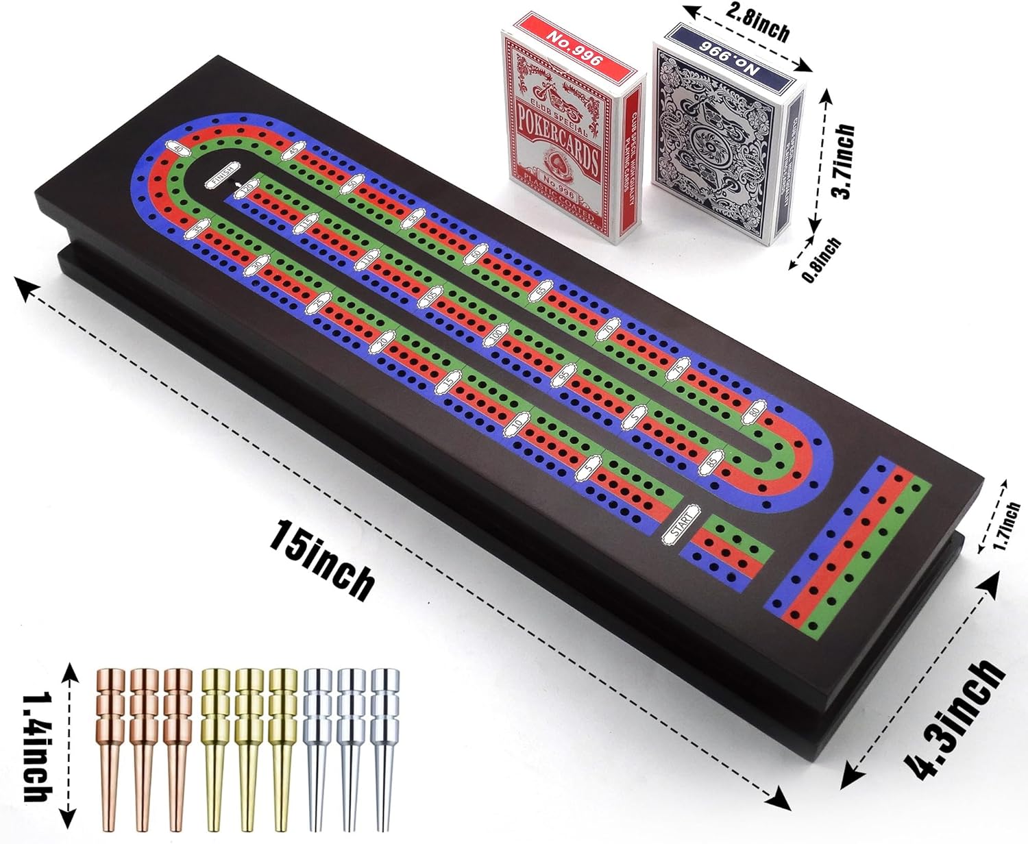 Wooden Cribbage Board Game Set with Metal Pegs and 2 Decks of Playing Cards, Travel Cribbage Board with Card Storage, Magnetic Lock, Classic Continuous 3 Track Cribbage Set for Family
