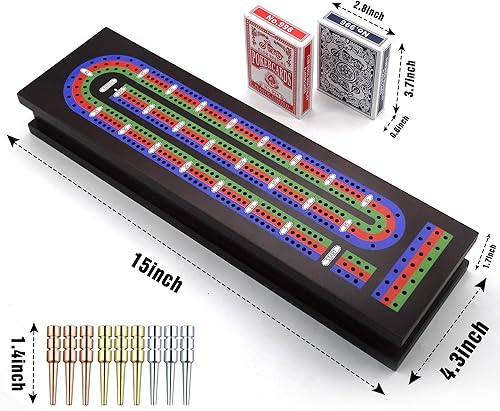 Miniatura 3 de Juego de mesa de madera con clavijas de metal y 2 barajas de cartas, tablero de viaje con almacenamiento de tarjetas, cierre magnético, clásico