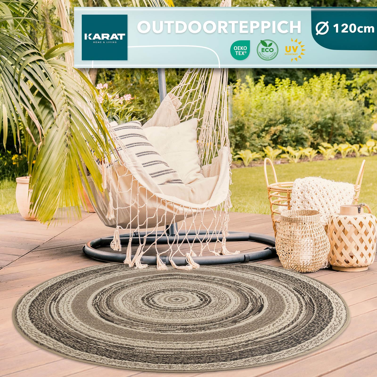 Tapis rond 120 cm gris-brun intérieur et extérieur Karat Zoe pour salon et terrasse