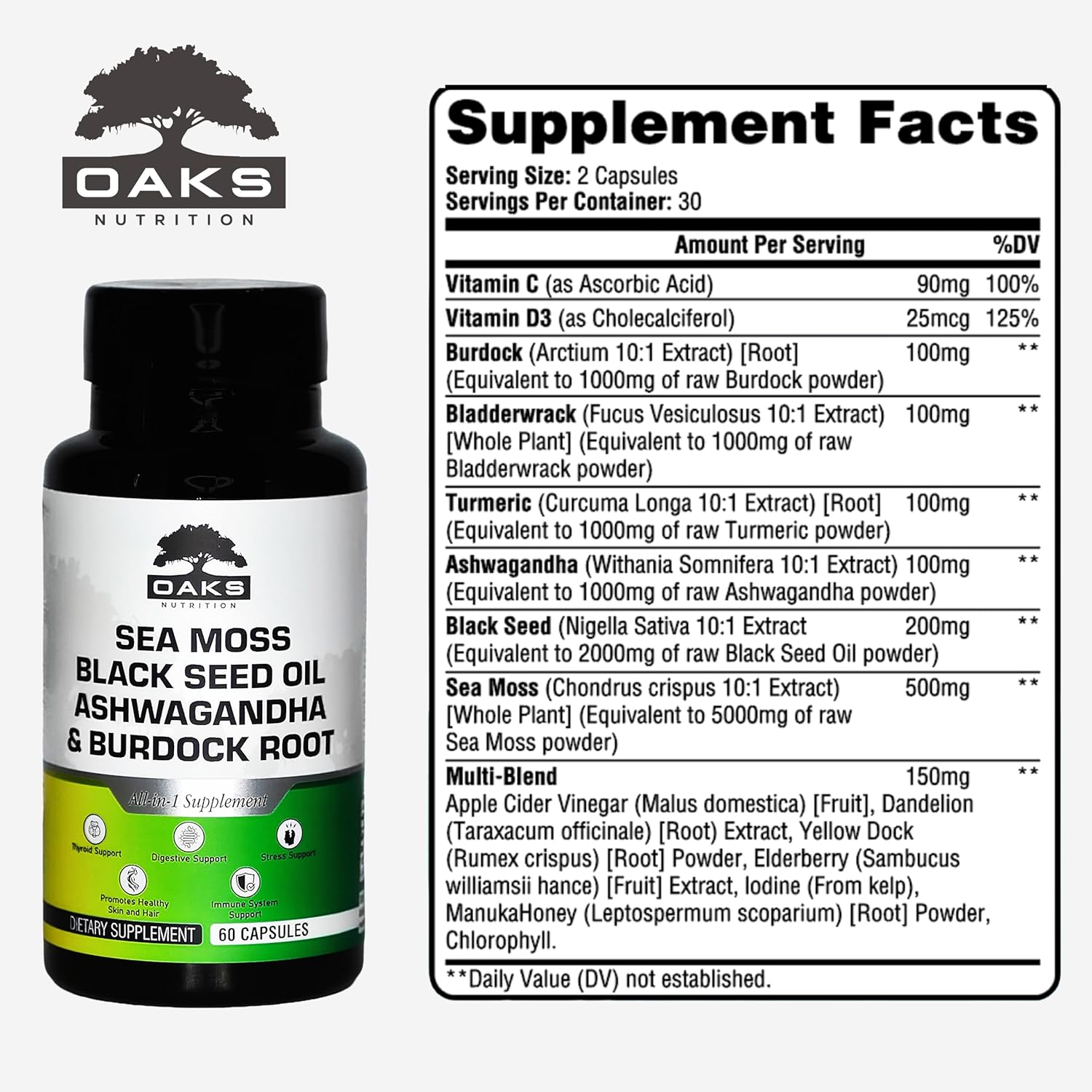 Premium 15-in-1 Sea Moss Multivitamin with Black Seed Oil, Ashwagandha, Turmeric, Bladderwrack, Burdock, Elderberry, Vitamin C & D3, Manuka Honey & ACV – 60 Capsules