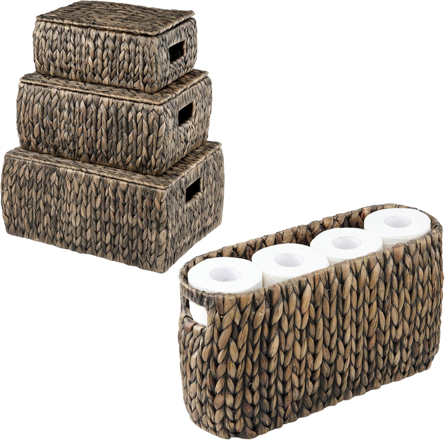 Toilet Paper Storage Basket and Set of 3 Wicker Storage Baskets with Lids, Black
