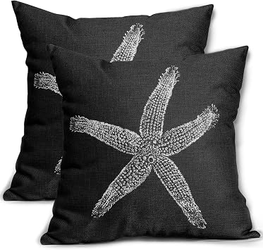 Sweetshow Black Starfish Pillow Covers 16X16 Inch Coastal Beachy Nautical Throw Pillow Beach Decorative Pillowscase Linen Square Cushion Case Decor for Home Bed Couch Sofa, Set of 2
