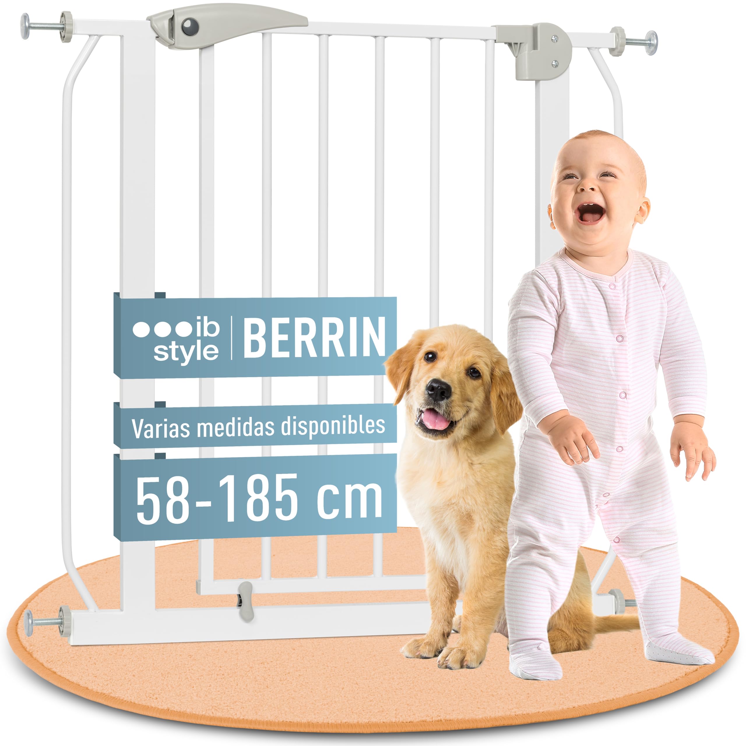 IB STYLE Barrera de Seguridad Berrin - Puerta de Escalera, Sin Taladrar, Auto Close, Doble Bloqueo, Niños Pequeños, Blanco, Ancho: 140-150 cm