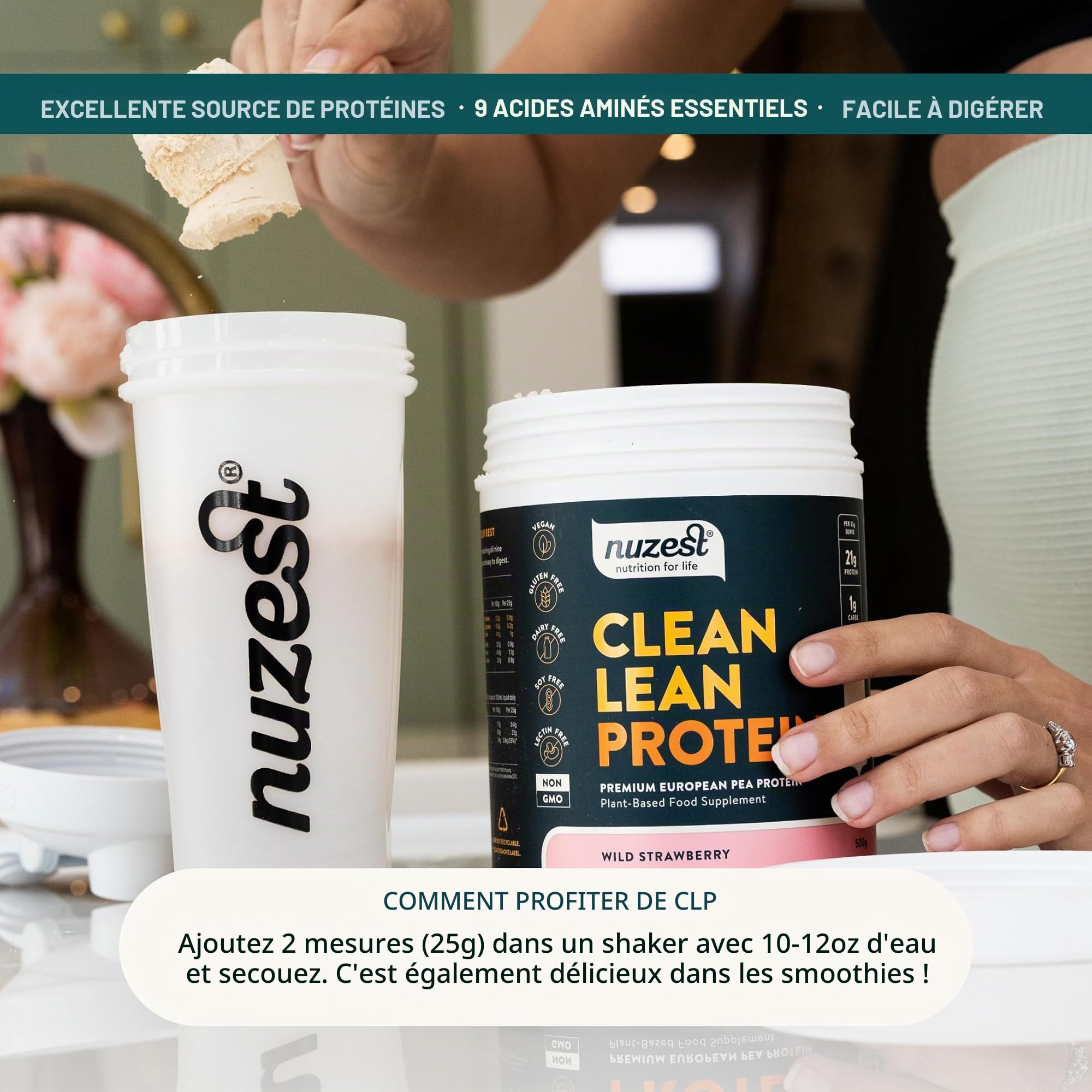 Nuzest Poudre Protéines Vegan Poudre De Protéine De Pois Vegan Protéine Végétale Naturellement Sucrée Pour Prise De Masse Musculaire Sans Gluten Et Sans OGM À Base De Pois Et Non De Lait De Vache (Fraise, 500g)