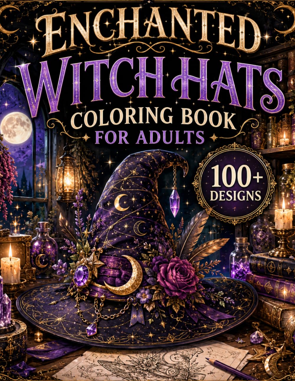 Enchanted Witch Hats Coloring Book for Adults: 100+ Magical Witch Hats, Moonlit Charms, Celestial Symbols, Arcane Accessories, Mystic Patterns & ... Escape (The Celestial Worlds Collection)