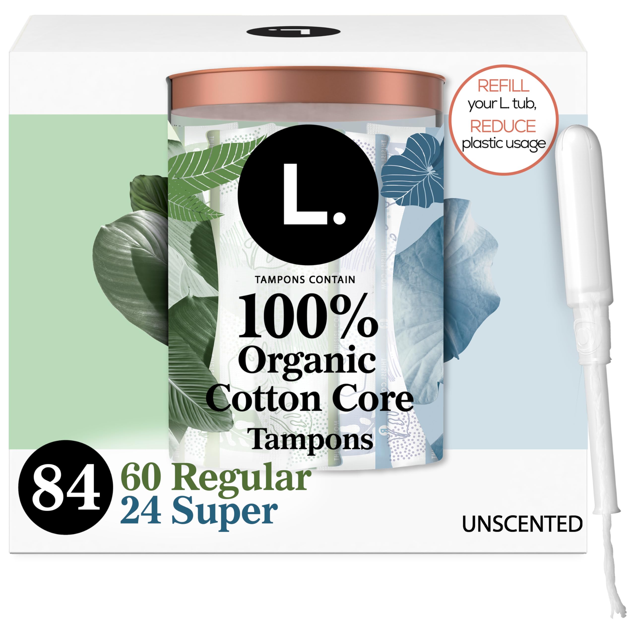 L. Cotton Tampons Regular/Super Absorbency Multipack, Contains an Organic Cotton Core, Made Without Synthetic Pesticides, or Fragrances, 84 Count (2 Packs of 42)