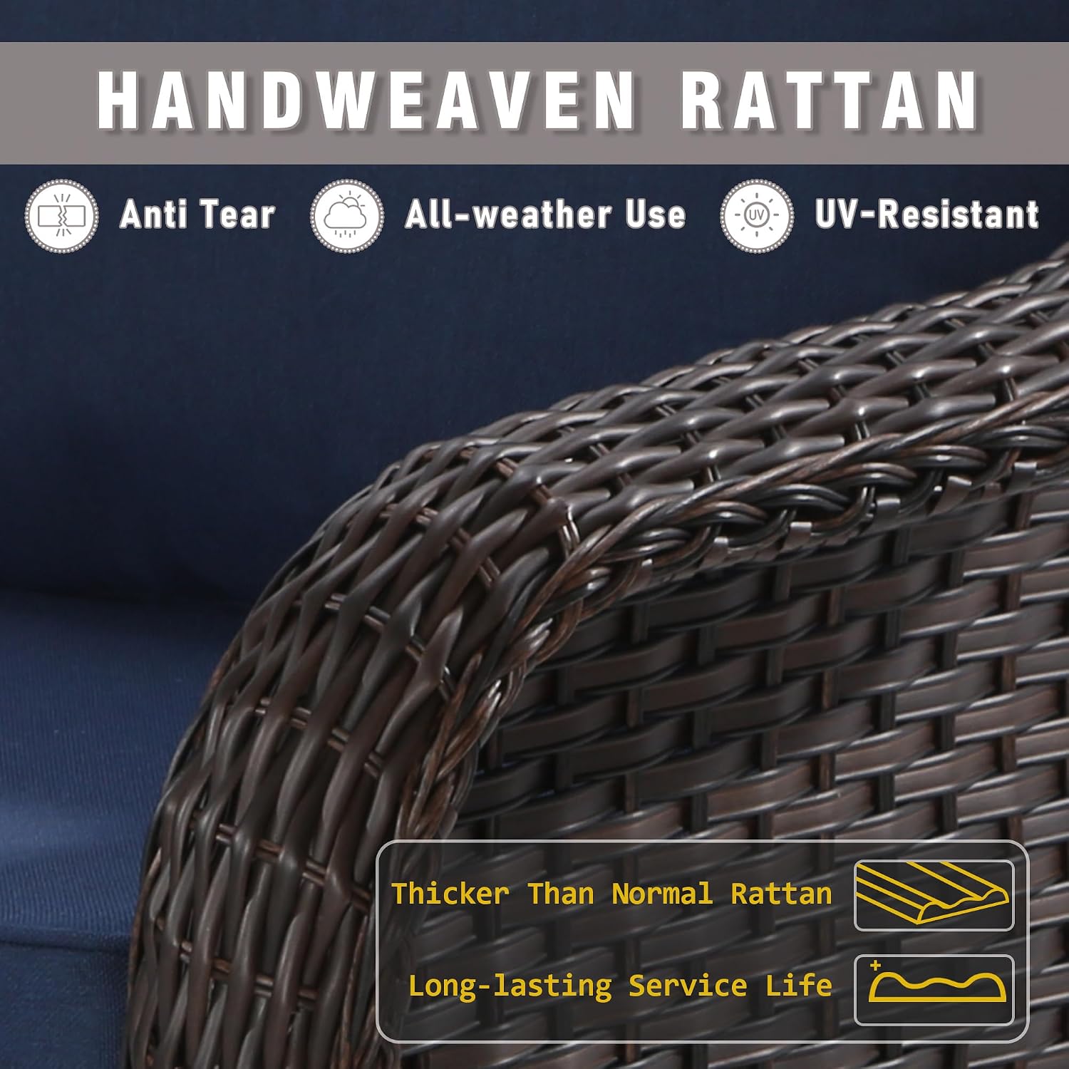 Close-up of the handwoven PE rattan, emphasizing its thickness and durability for all-weather use.