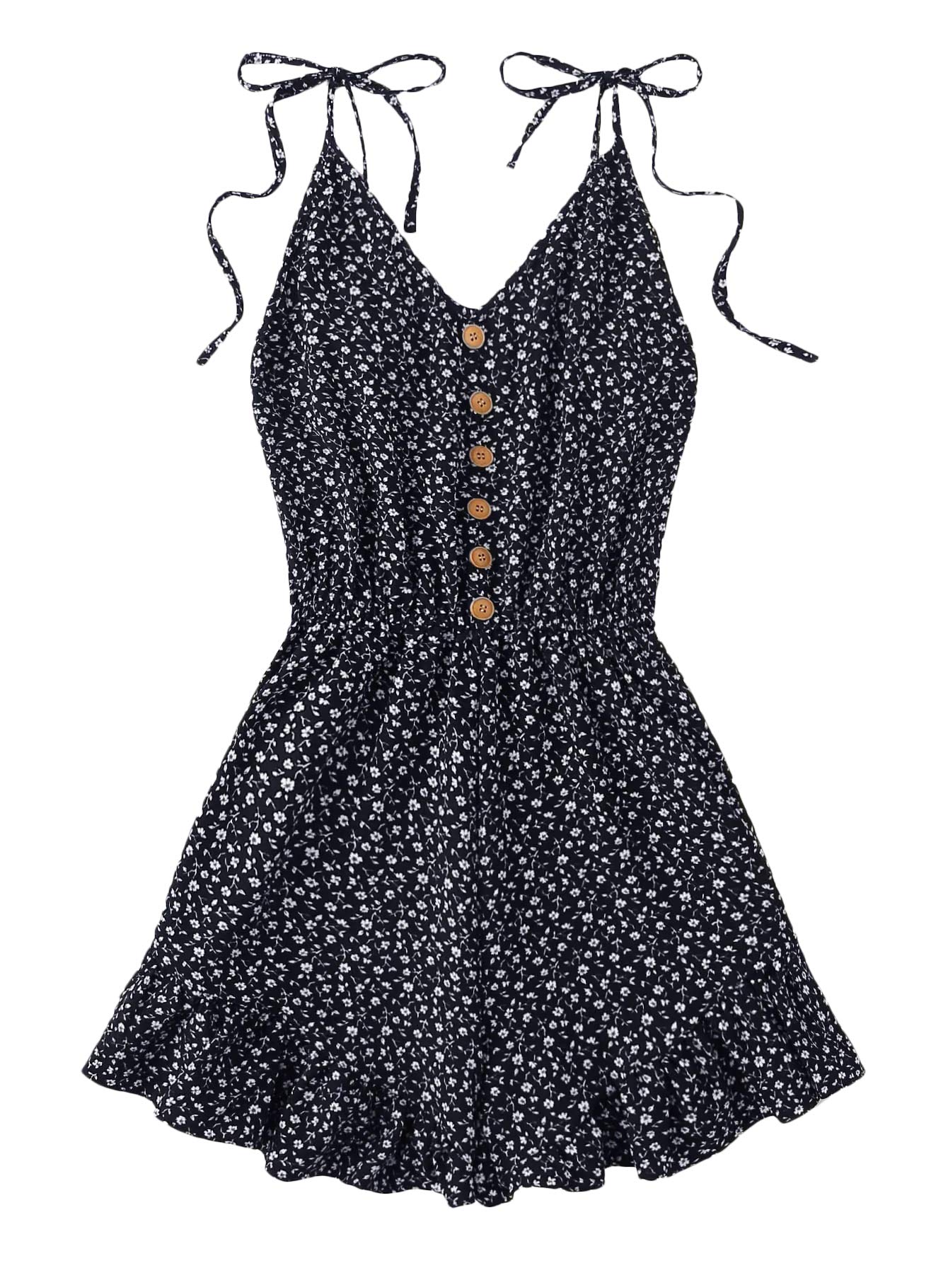 SheIn Women's Floral Print Tie Shoulder Romper V Neck Sleeveless Summer Short Jumpsuit Large Floral Navy