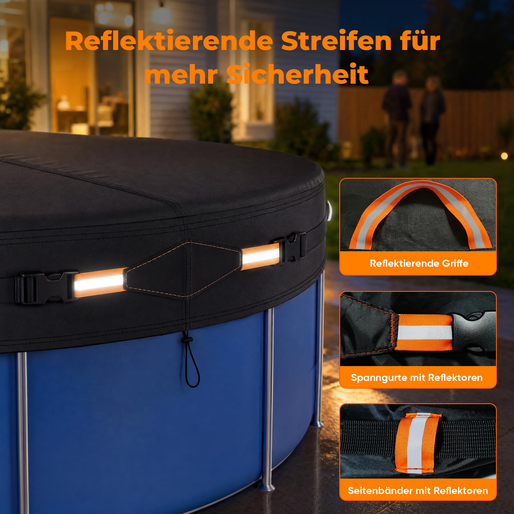 Poolabdeckung Rund, Sommer-Poolplane aus hochwertigem Oxford-Gewebe für runden Aufstellpool, mit Steckschnallen & Kordelzug, Ø 305cm (10FT)
