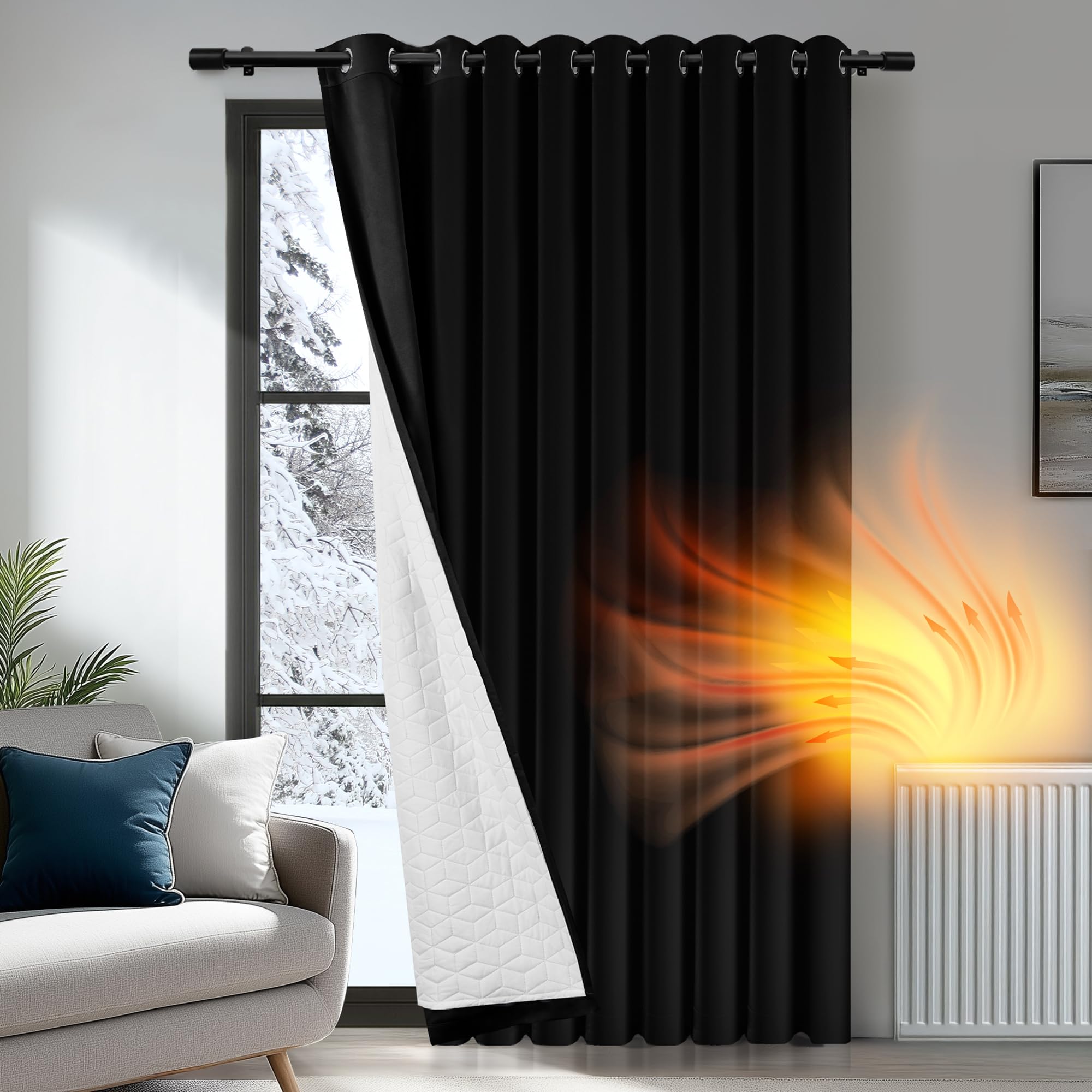 Deconovo Thermal Curtains for Winter, Energy Saving Extra Wide Door Panel with Thick Microfiber Lining, Windproof Soundproof Blackout Curtains for Bedroom, W 118" x L 87", Black, 1 Panel