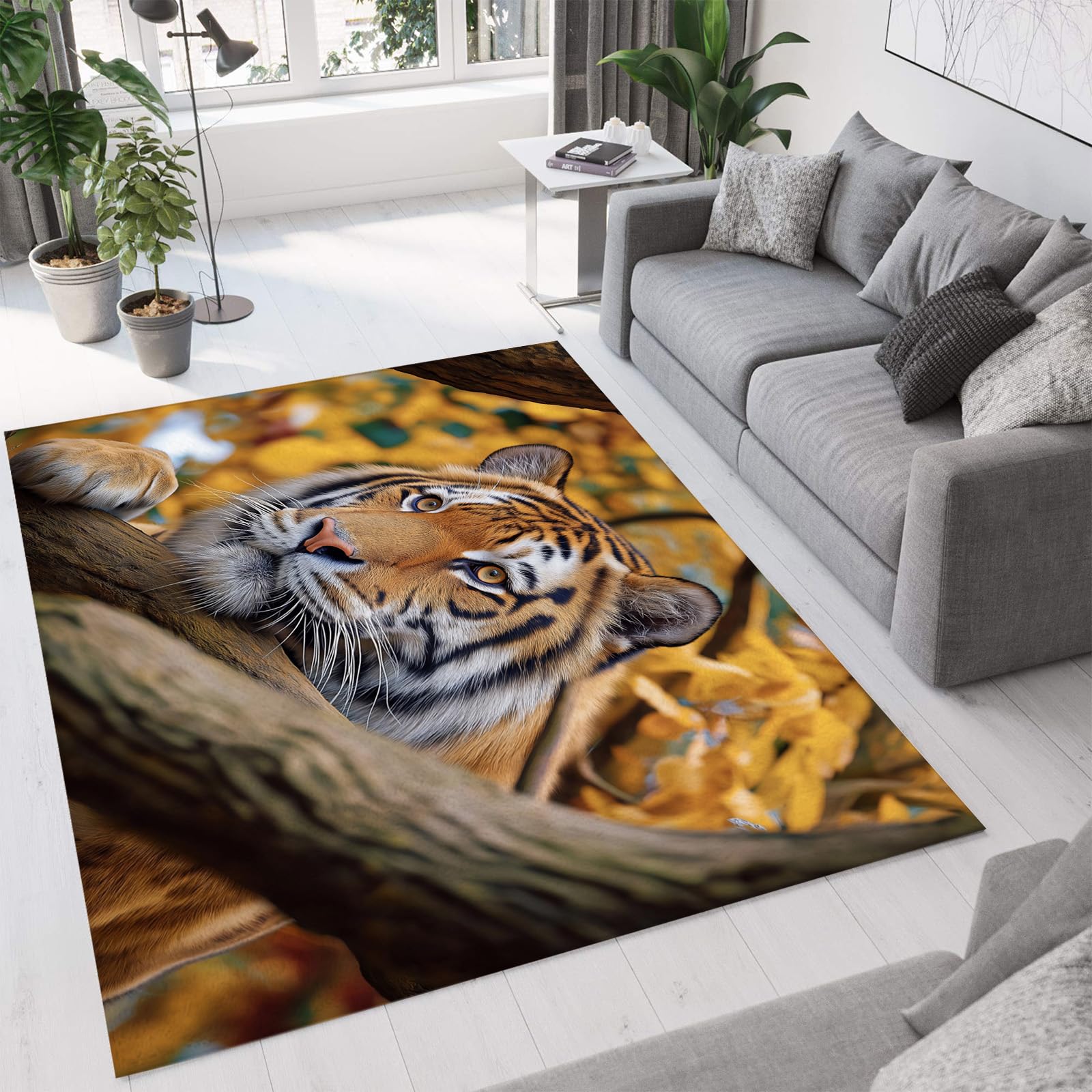 Tapis tigre lavable fini les glissades avec ce grand format jaune