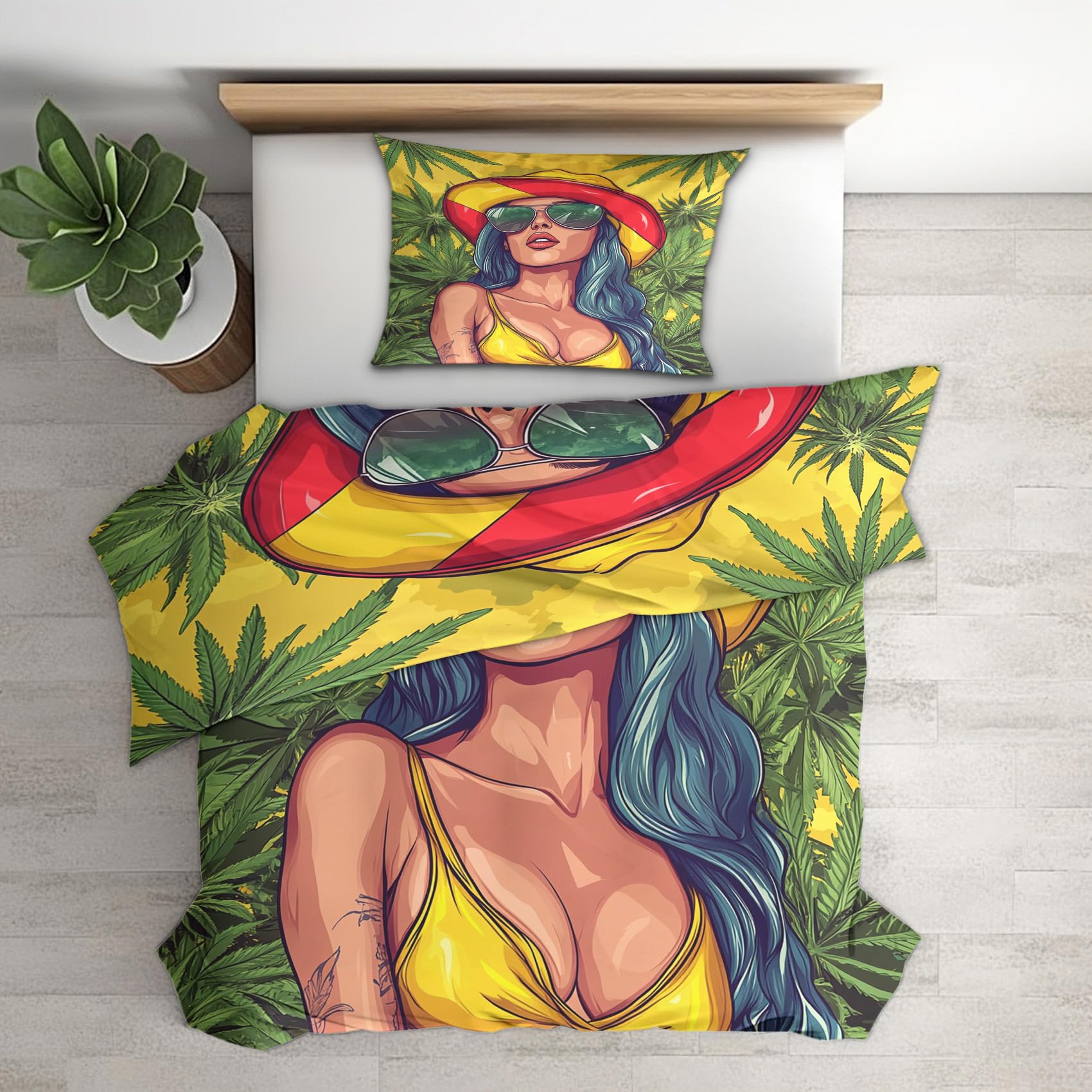 Housse de couette marijuana 140x200 cm avec sa taie d'oreiller 65x65 cm pour lit 1 personne