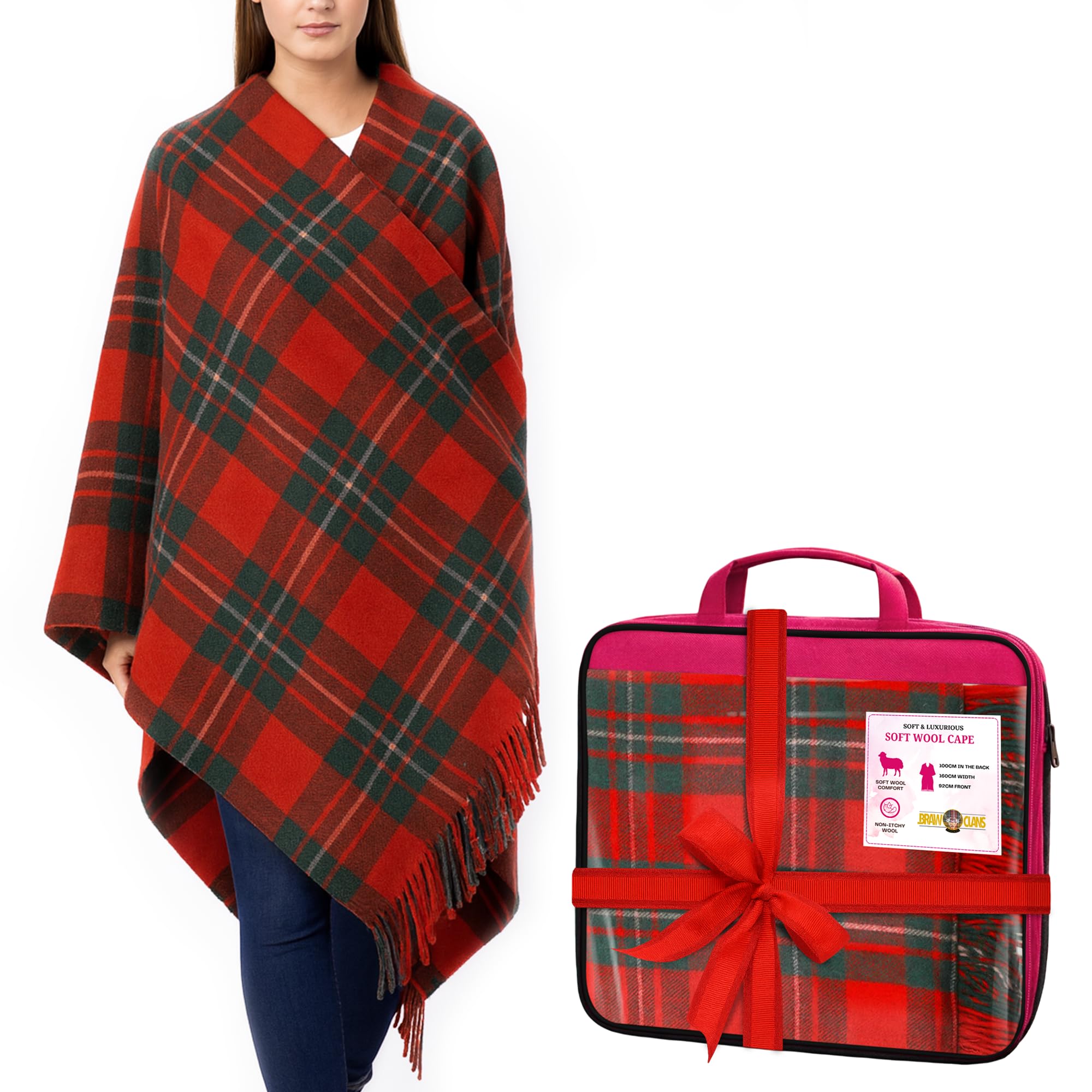 BRAW CLANS TARTANS Soft wool Tartan Poncho Blanket cape made in Scotland - Ruana cloak style - full body shawl - Mothers day Gift - Home, Travel, Camping - Macgregor Tartan
