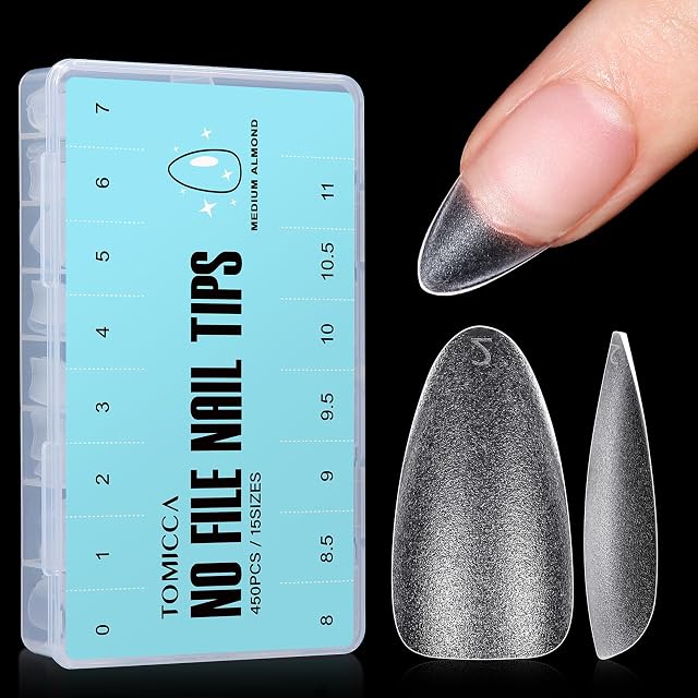 TOMICCA Medium Almond Nail Tips - 450Pcs Soft Gel Nail Tips Kit, 15 Sizes Double-sided Matte No File Nail Tips, Acrylic Full Cover Short Gel Tips for Nail Extensions