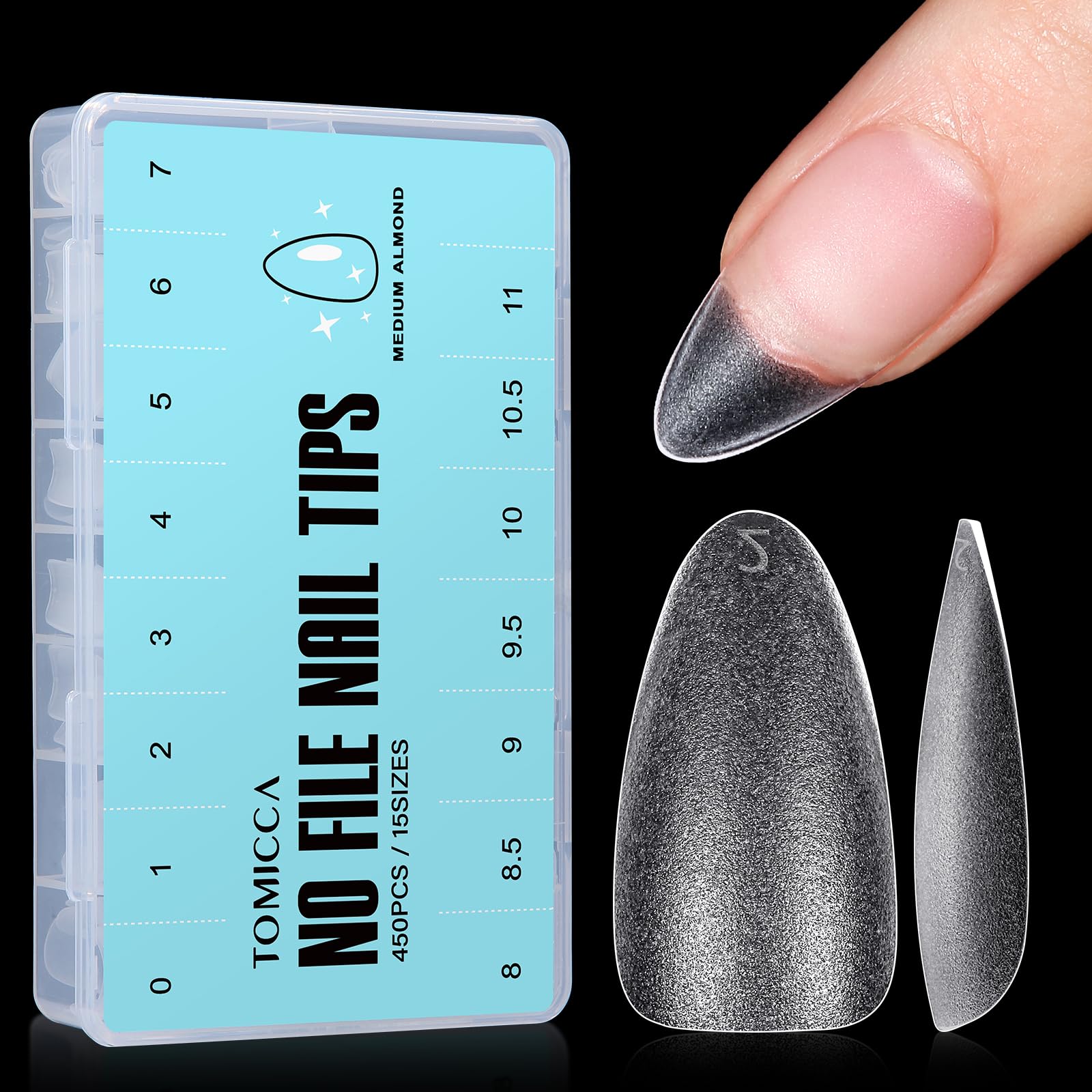 TOMICCA Almond Nail Tips - 450Pcs Double-sided Matte Fake Nails, 15 Sizes Pre Shaped Full Cover Press on Nail or Extension Manicure