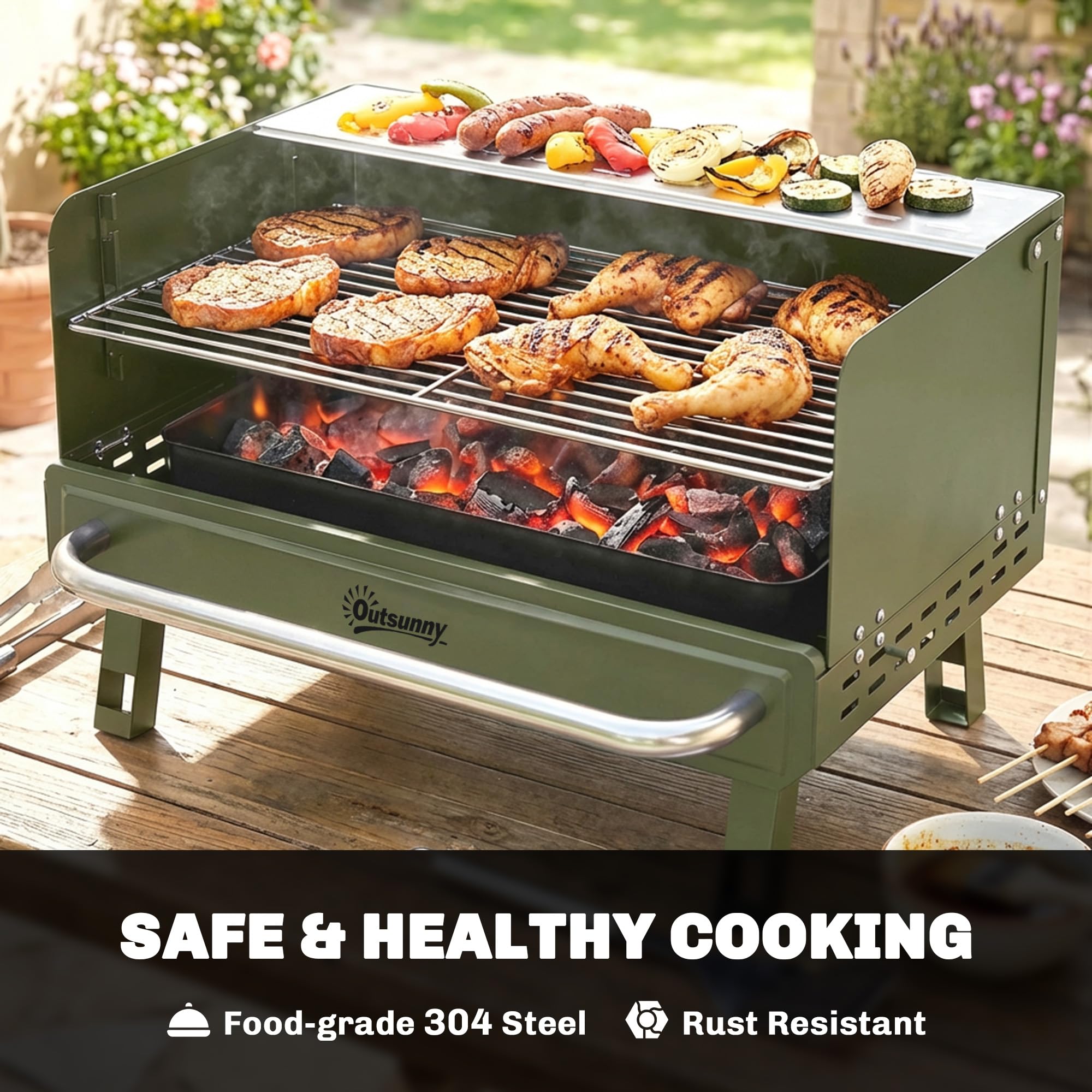 Outsunny Portable BBQ Grill, Charcoal Barbecue Grill with Adjustable Grates, Foldable Legs and Side Shelf for Camping Hiking Picnic Travel Garden Outdoor Cooking, Green - 5